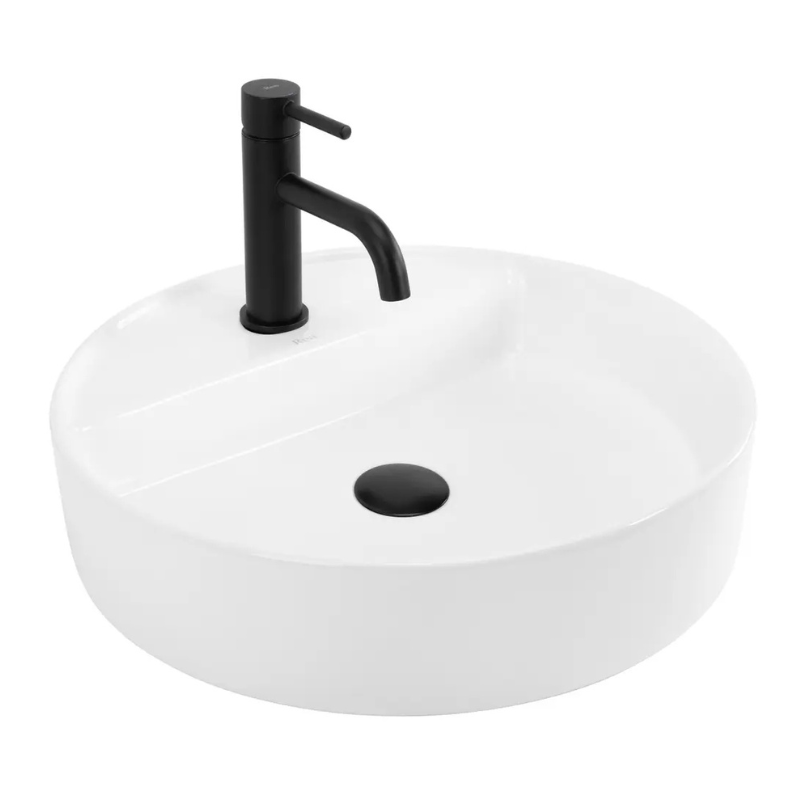 Aufsatzwaschbecken Ronda (45 cm) aus weißer Hochglanz-Sanitärkeramik, rund mit integrierter Armaturbohrung, ohne Überlauf, kompaktes und elegantes Design für kleine Badezimmer.