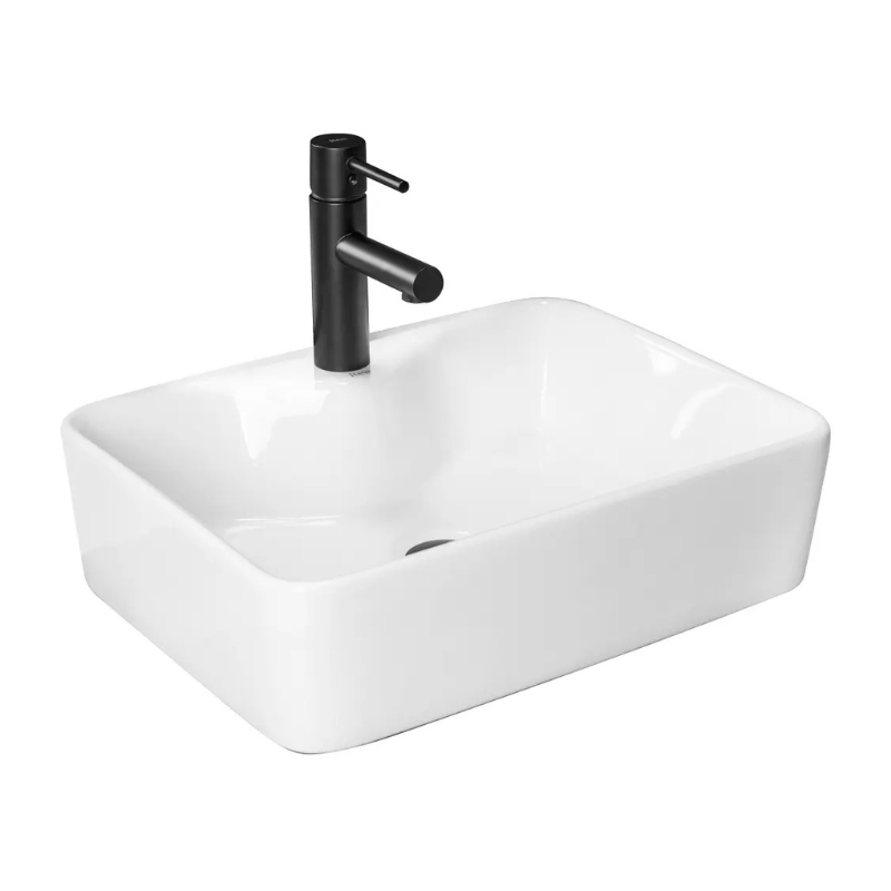 Aufsatzwaschbecken Kelly (50 cm) aus weißer Hochglanz-Sanitärkeramik, rechteckig mit abgerundeten Kanten, Armaturloch für Aufsatzarmaturen, ohne Überlauf, elegantes und zeitloses Design für Badezimmer.