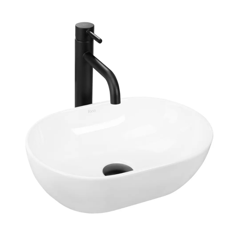 Aufsatzwaschbecken Amelia Mini (38 cm) aus weißer Hochglanz-Sanitärkeramik, kompakte rechteckige Form, ohne Armaturloch und Überlauf, elegantes Design für kleine Badezimmer oder Gästetoiletten.