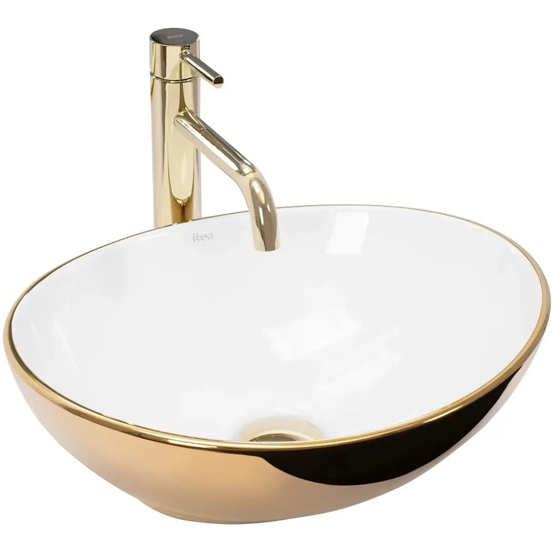 Waschtisch Sofia 40 cm aus hochwertiger Keramik – innen Weiß, außen Gold, ohne Hahnloch und Überlauf, kompakte, luxuriöse Lösung für moderne Badezimmer und Gäste-WCs.
