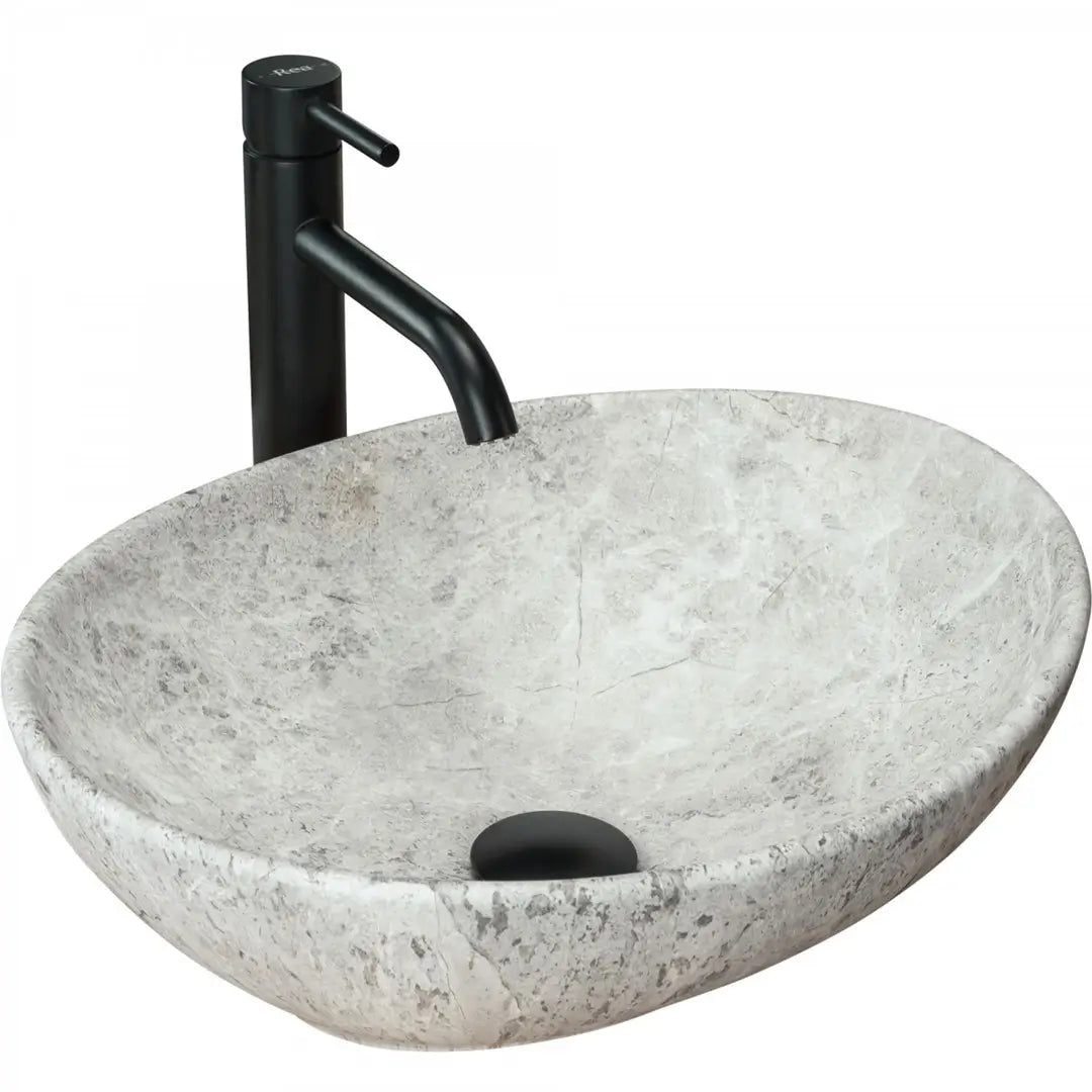 Waschtisch Sofia 40 cm aus hochwertiger Keramik in hellem Stein-Matt – kompakte, stilvolle Waschschale ohne Hahnloch und Überlauf, für natürliche und moderne Badezimmer.