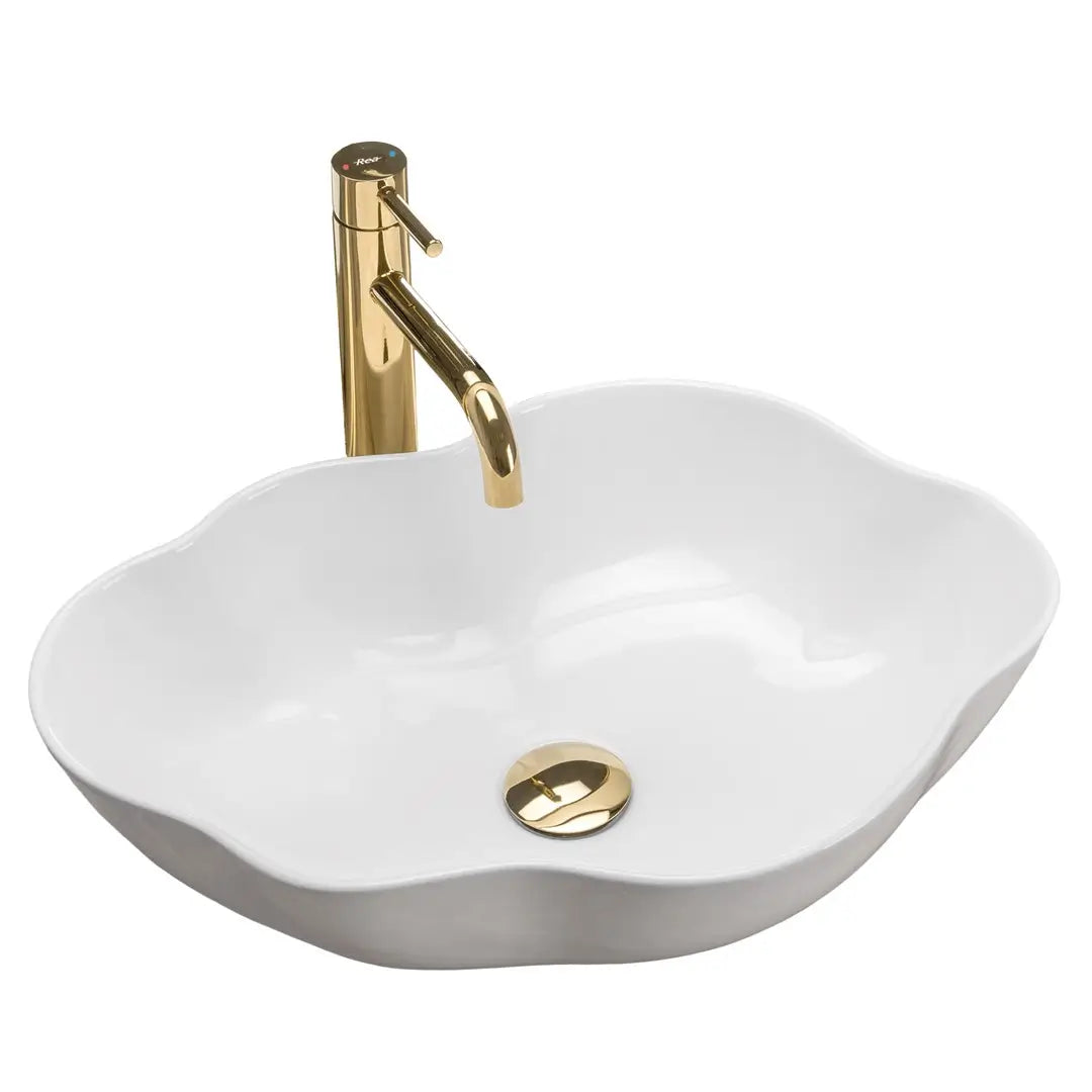 Waschtisch Pearl 50 cm aus weißer Keramik – ovale, sanft gewellte Form ohne Hahnloch und Überlauf, elegante und kompakte Lösung für moderne oder klassische Badezimmer.