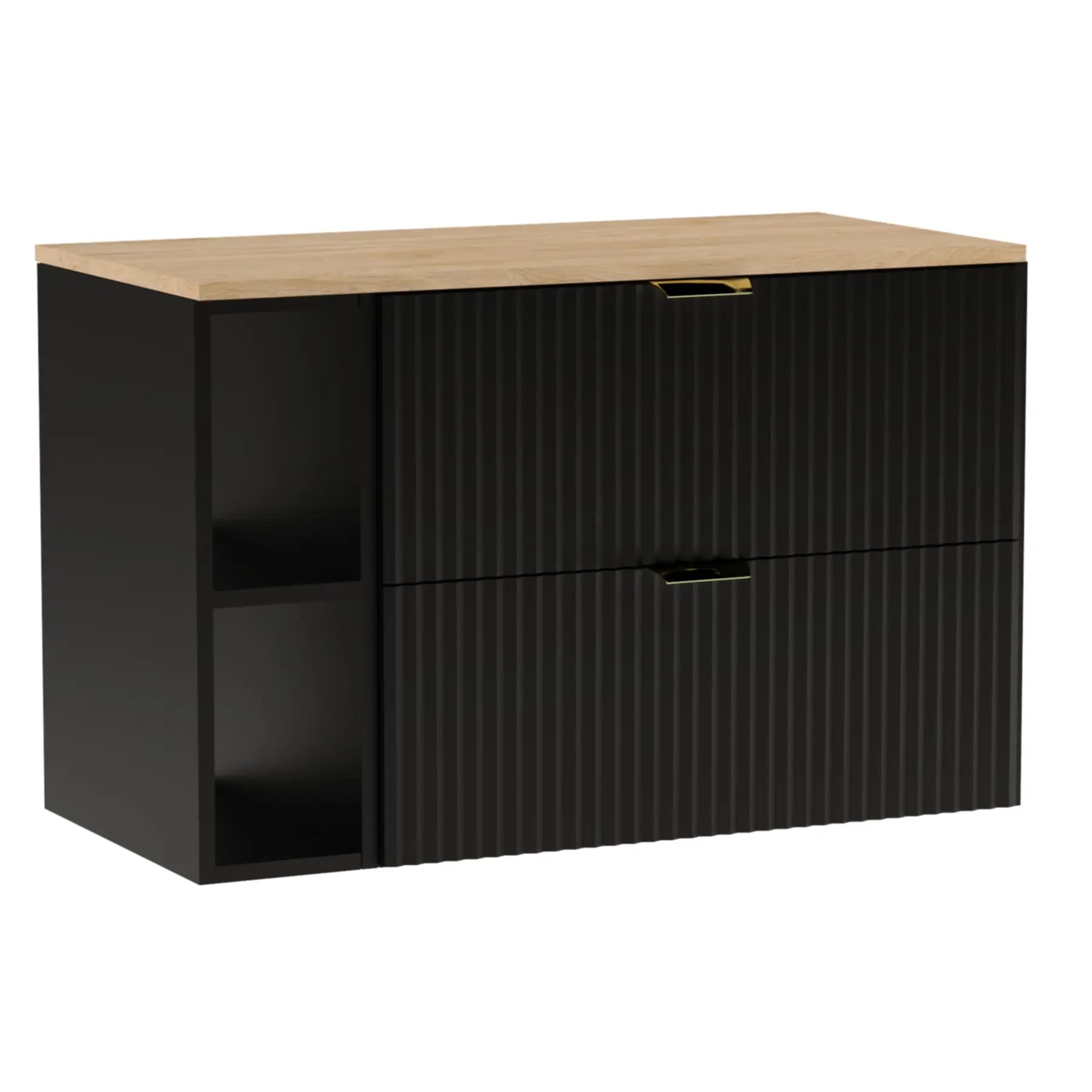 Moderner Waschtischunterschrank Willy, 100 cm breit, in Schwarz mit natürlicher Walnussplatte.