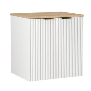 Waschtischunterschrank Willy, 60 cm, in Weiß und Walnussplatte, ideal für Badezimmer mit viel Stauraum hinter Türen.