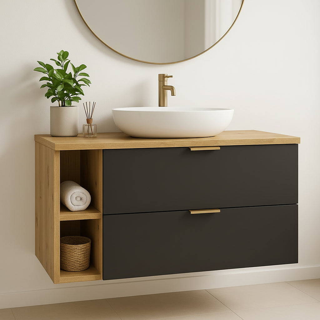 Waschtischunterschrank Orio 100 cm mit zwei Schubladen, Regalmodul und Ablageplatte in Schwarz und Eiche Artisan, modernes Badezimmermöbel.