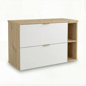 Waschtischunterschrank Orio 100 cm in Weiß/Eiche Artisan – wandhängendes Badmöbel mit 2 Soft-Close-Schubladen, 20 cm Regalmodul, Ablageplatte in Eiche Artisan, moderne, helle Fronten mit natürlicher Holzoptik, elegantes und funktionales Design für aufgeräumte Badezimmer.