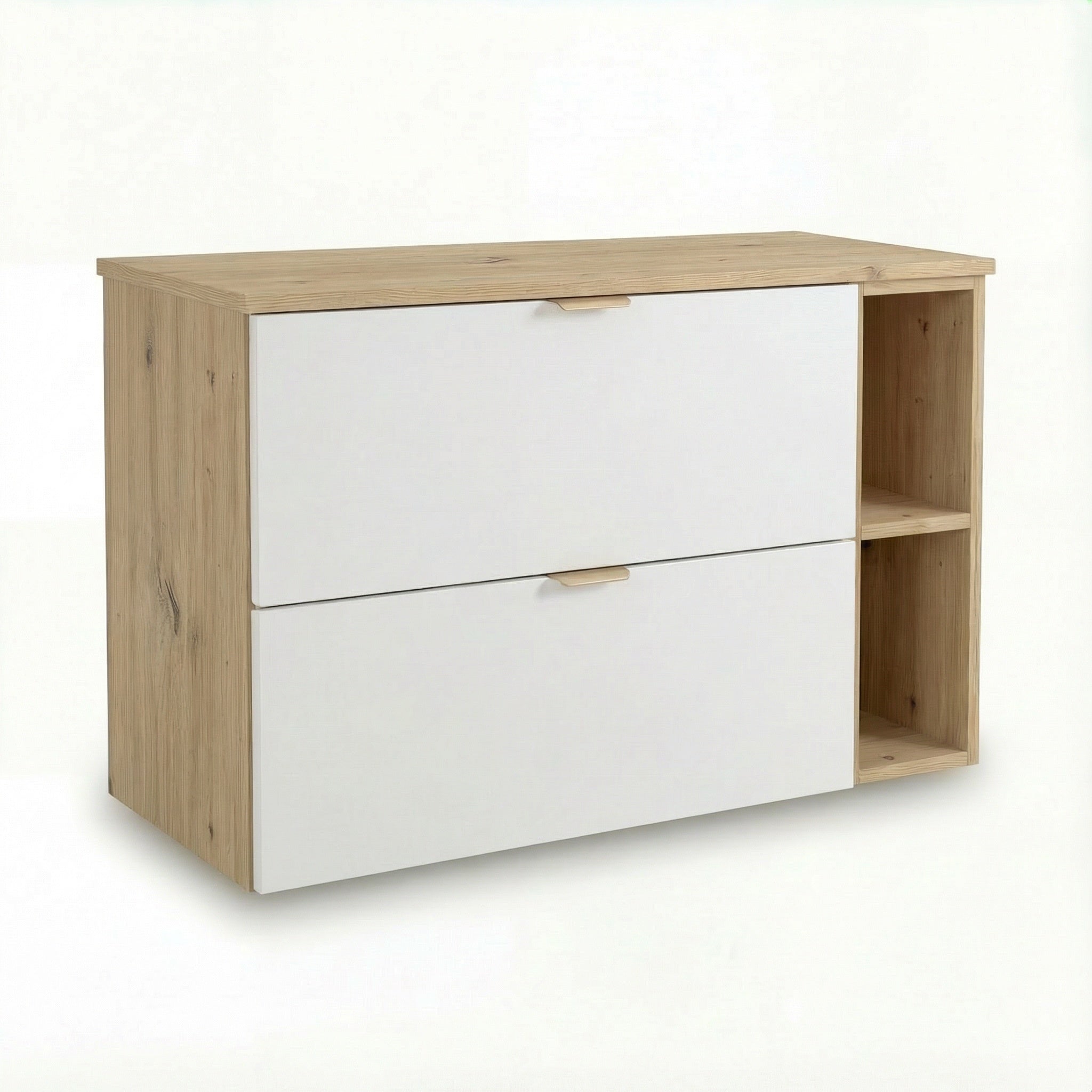 Waschtischunterschrank Orio 100 cm in Weiß/Eiche Artisan – wandhängendes Badmöbel mit 2 Soft-Close-Schubladen, 20 cm Regalmodul, Ablageplatte in Eiche Artisan, moderne, helle Fronten mit natürlicher Holzoptik, elegantes und funktionales Design für aufgeräumte Badezimmer.