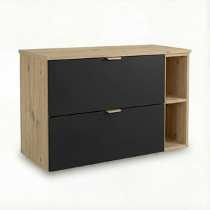 Waschtischunterschrank Orio 100 cm in Schwarz/Eiche Artisan – wandhängendes Badmöbel mit 2 Soft-Close-Schubladen, 20 cm Regalmodul, Ablageplatte in Eiche Artisan, modernes Design, eleganter Kontrast aus dunklen Fronten und natürlicher Holzoptik, ideal für stilvolle und funktionale Badezimmer.