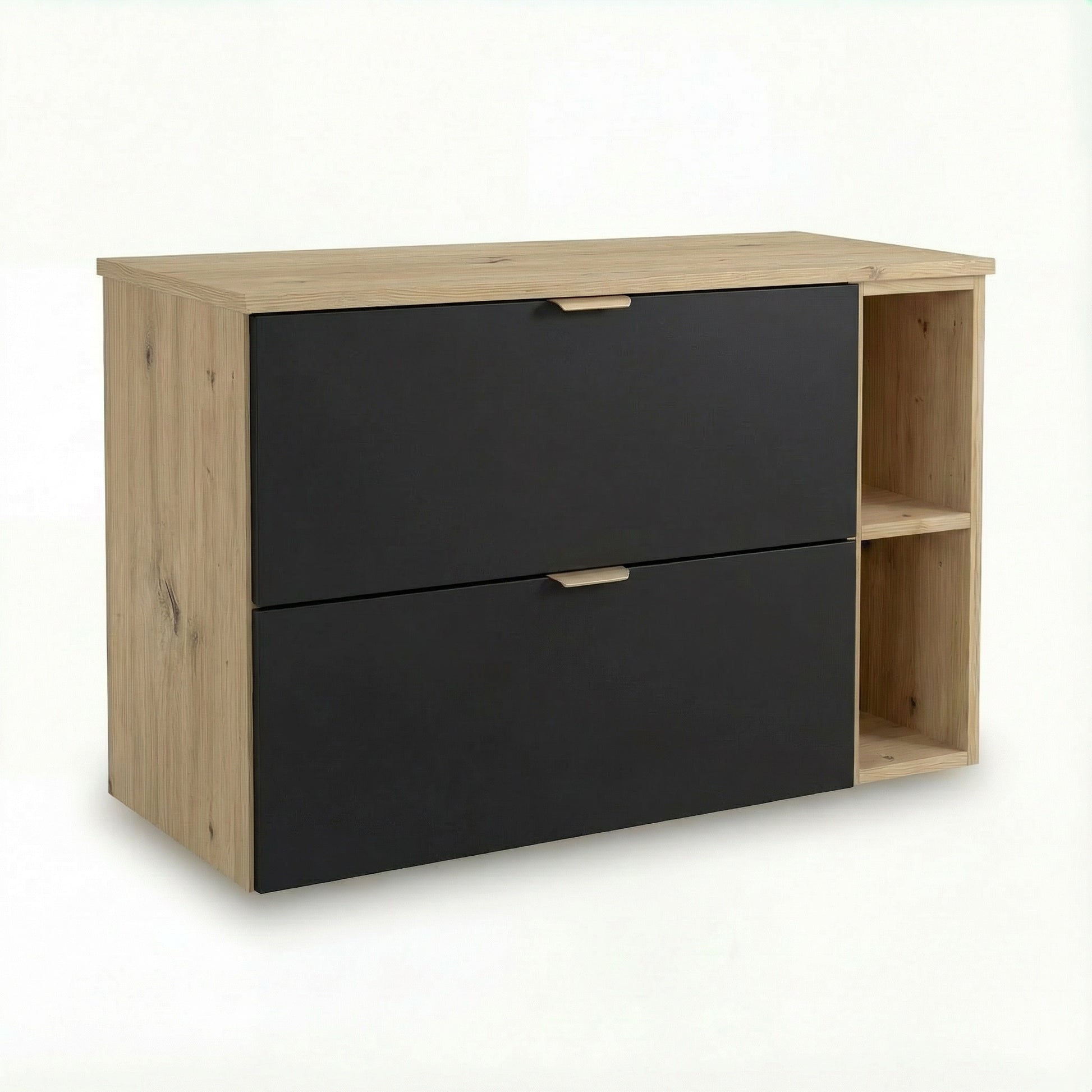Waschtischunterschrank Orio 100 cm in Schwarz/Eiche Artisan – wandhängendes Badmöbel mit 2 Soft-Close-Schubladen, 20 cm Regalmodul, Ablageplatte in Eiche Artisan, modernes Design, eleganter Kontrast aus dunklen Fronten und natürlicher Holzoptik, ideal für stilvolle und funktionale Badezimmer.