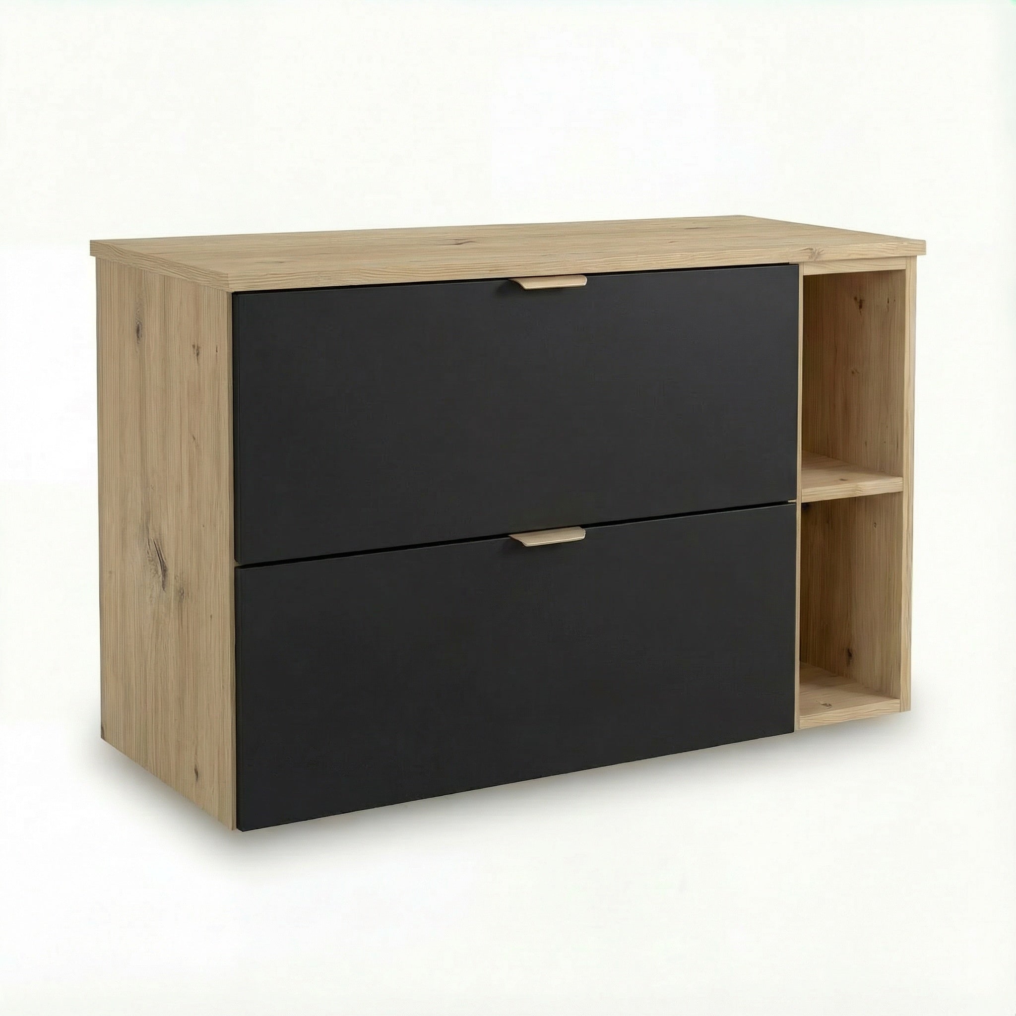 Waschtischunterschrank Orio 100 cm in Schwarz/Eiche Artisan – wandhängendes Badmöbel mit 2 Soft-Close-Schubladen, 20 cm Regalmodul, Ablageplatte in Eiche Artisan, modernes Design, eleganter Kontrast aus dunklen Fronten und natürlicher Holzoptik, ideal für stilvolle und funktionale Badezimmer.