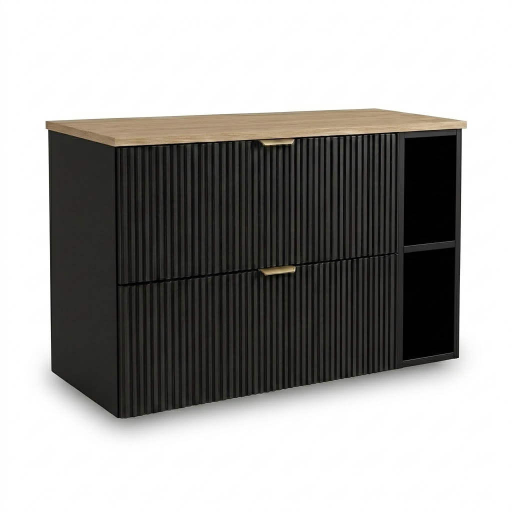 Waschtischunterschrank Willy 100 cm in Schwarz mit Walnussplatte und seitlichem Regal. Modernes Badezimmermöbel mit großzügigem Stauraum und elegantem Design.