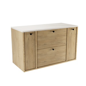 Waschtischunterschrank Belino 100 cm Eiche Cremona mit Marmor Bianco-Top, 2 Schubladen und seitlichen Regalen für modernes Badezimmer.