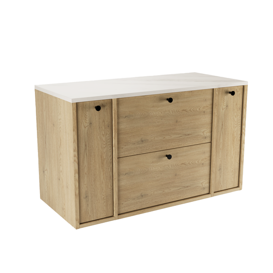 Waschtischunterschrank Belino 100 cm Eiche Cremona mit Marmor Bianco-Top, 2 Schubladen und seitlichen Regalen für modernes Badezimmer.