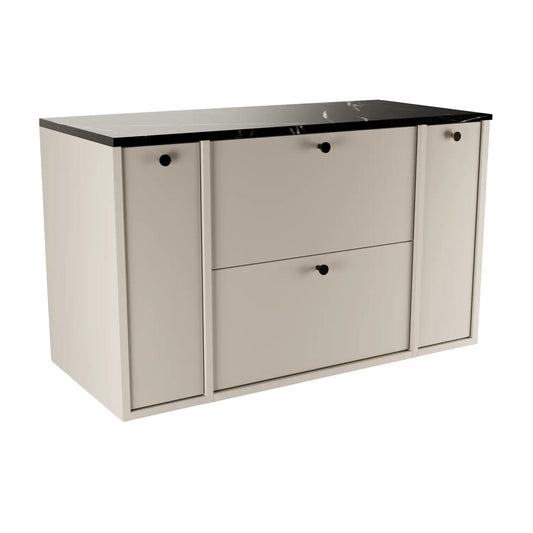 Waschtischunterschrank Belino 100 cm in Kaschmir mit Marmor Schwarz-Top, 2 Schubladen und seitlichen Regalen für modernes Badezimmer.