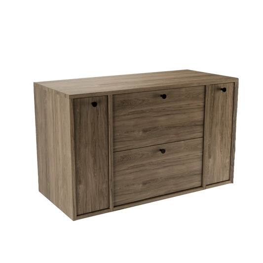 Waschtischunterschrank Belino 100 cm in Walnuss Dunkel mit glatten Fronten, 2 Schubladen und seitlichen Regalen für modernes Badezimmer.