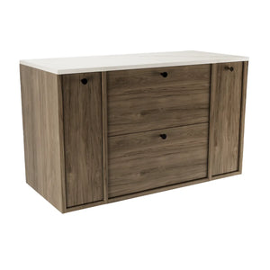 Waschtischunterschrank Belino 100 cm in Walnuss Dunkel mit Marmor Bianco-Top, 2 Schubladen und seitlichen Regalen für modernes Badezimmer.