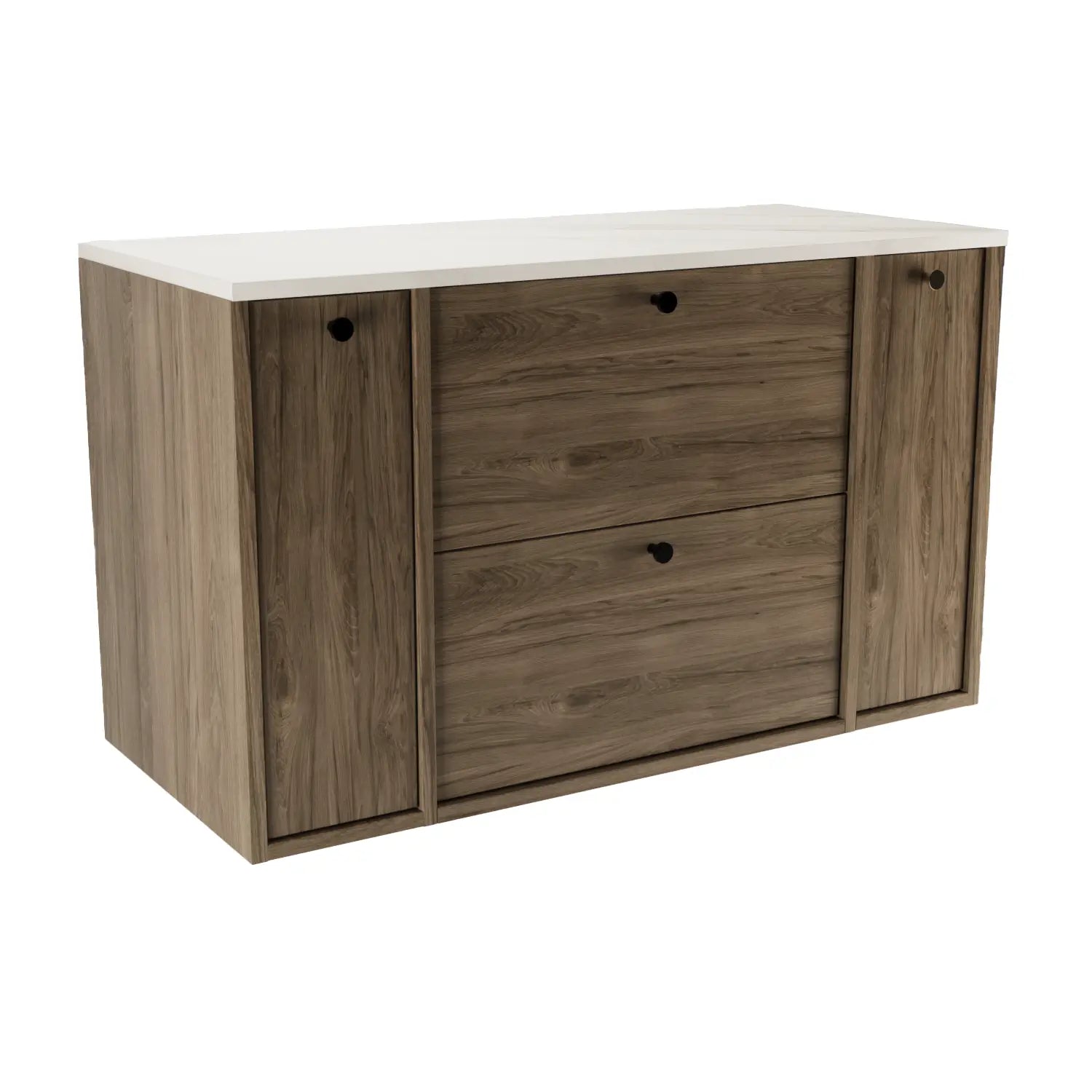 Waschtischunterschrank Belino 100 cm in Walnuss Dunkel mit Marmor Bianco-Top, 2 Schubladen und seitlichen Regalen für modernes Badezimmer.