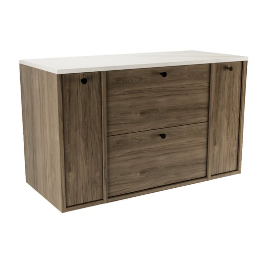 Waschtischunterschrank Belino 100 cm in Walnuss Dunkel mit Marmor Bianco-Top, 2 Schubladen und seitlichen Regalen für modernes Badezimmer.