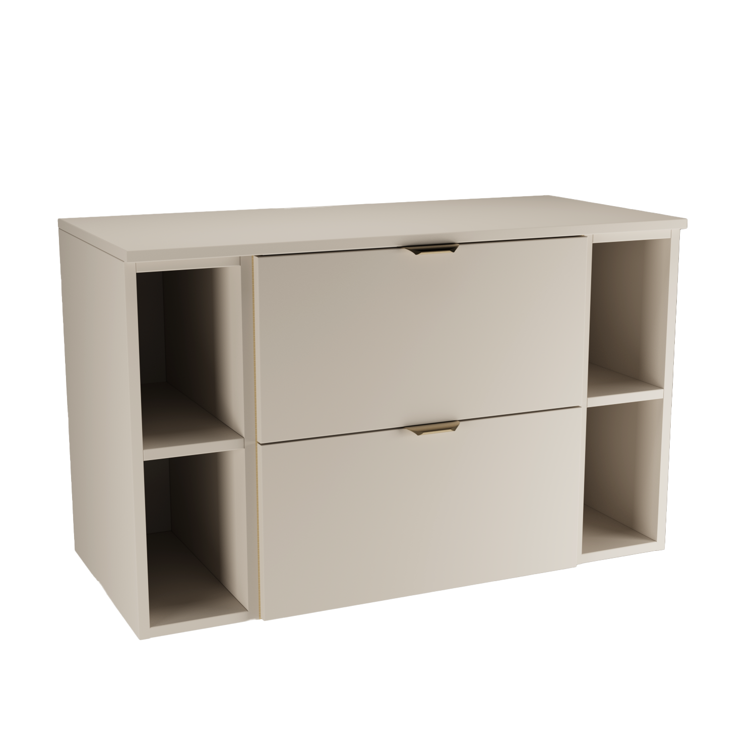 Wandhängender Waschbeckenunterschrank Kaschmir Orio 100 cm im modernen Design mit Schubladen, zwei 20-cm-Regalen und gebürsteten goldfarbenen Metallgriffen.