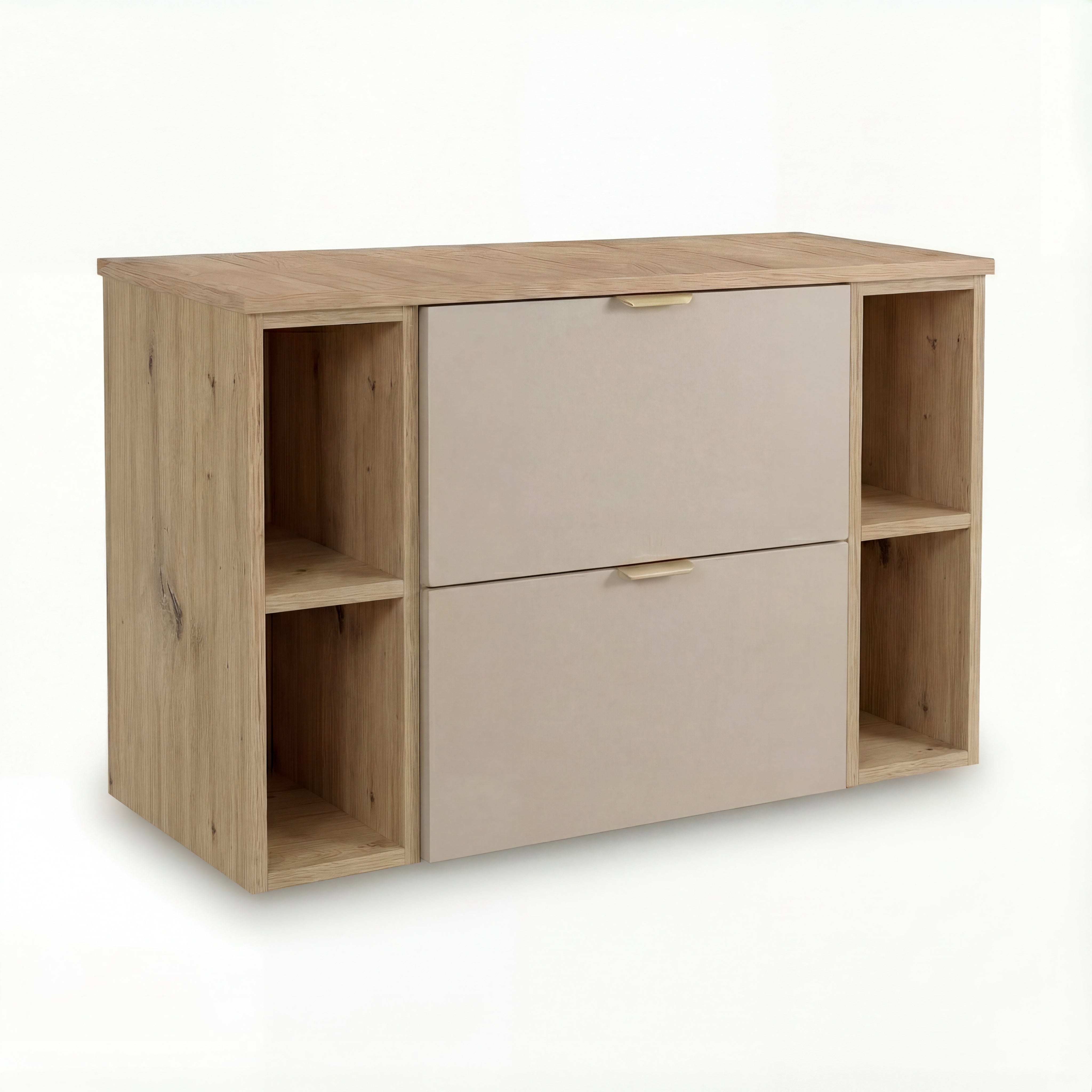 Wandhängender Waschtischunterschrank Orio 100 cm in Kaschmir/Eiche Artisan mit zwei Schubladen und zwei Regalen, modernes Design, gefertigt aus 18-mm laminierter Spanplatte, ideal für Badezimmer