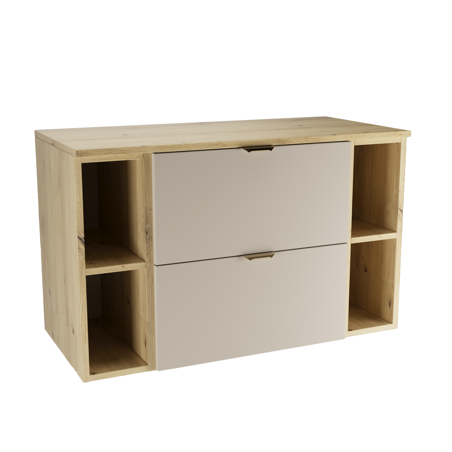 Wandhängendes Orio Badmöbel-Set 100 cm in Eiche Artisan und Kaschmir mit Waschbeckenunterschrank (2 Schubladen) sowie zwei 20-cm-Regalen.