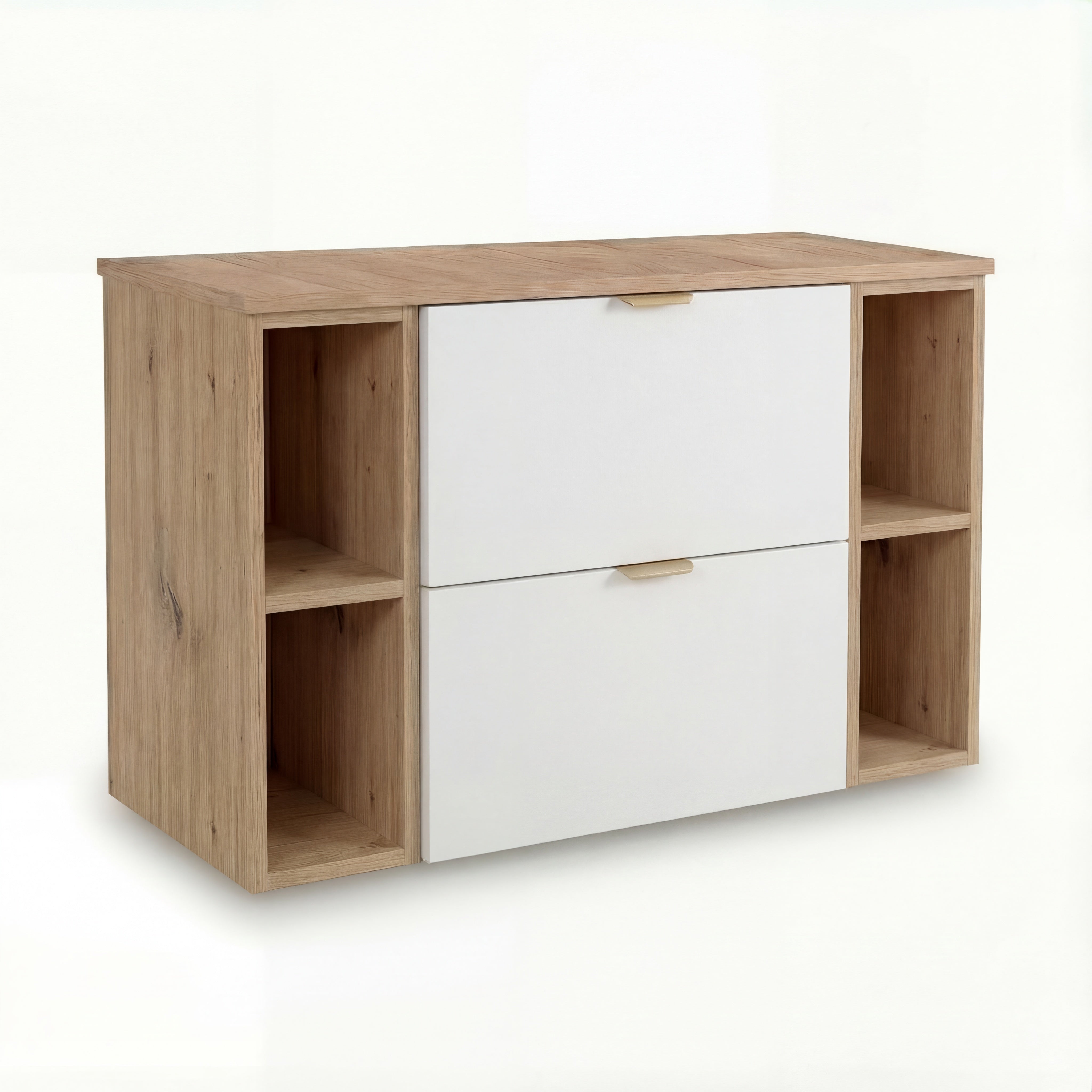 Waschtischunterschrank Orio 100 cm in Weiß/Eiche Artisan – wandhängender Unterschrank mit 2 Schubladen, 2 Regalmodulen mit Innenablagen, Soft-Close-System, Ablageplatte im Dekor Eiche Artisan, glatte Fronten, Metallgriffe in gebürstetem Gold, ideal für moderne kleine bis mittelgroße Badezimmer.