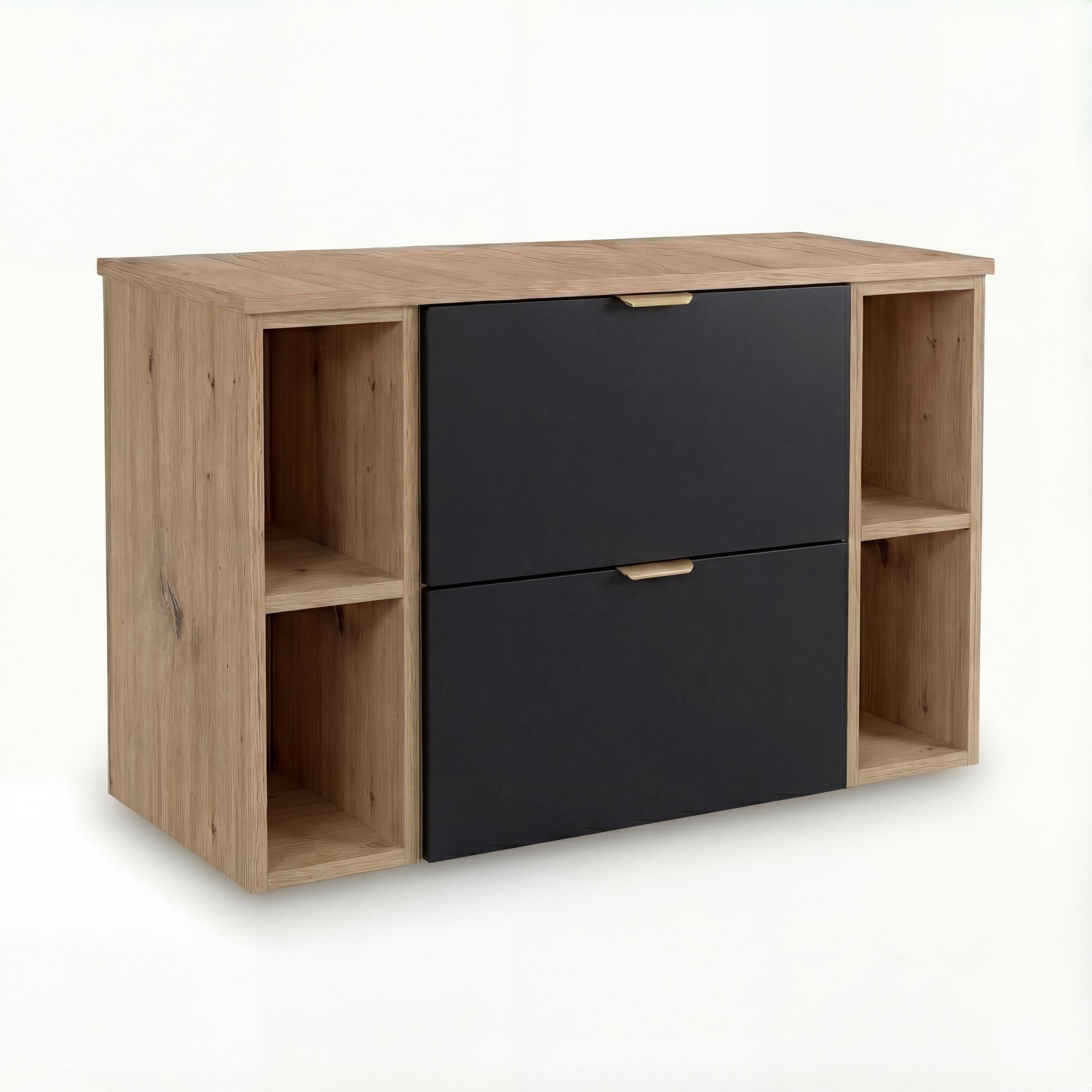 Waschtischunterschrank Orio 100 cm in Schwarz/Eiche Artisan – wandhängender Unterschrank mit 2 Schubladen, Soft-Close-System, 2 Regalmodule (20 cm) mit Innenablagen, Ablageplatte im Dekor Eiche Artisan, glatte Fronten, Metallgriffe in gebürstetem Gold, ideal für moderne kleine bis mittelgroße Badezimmer.