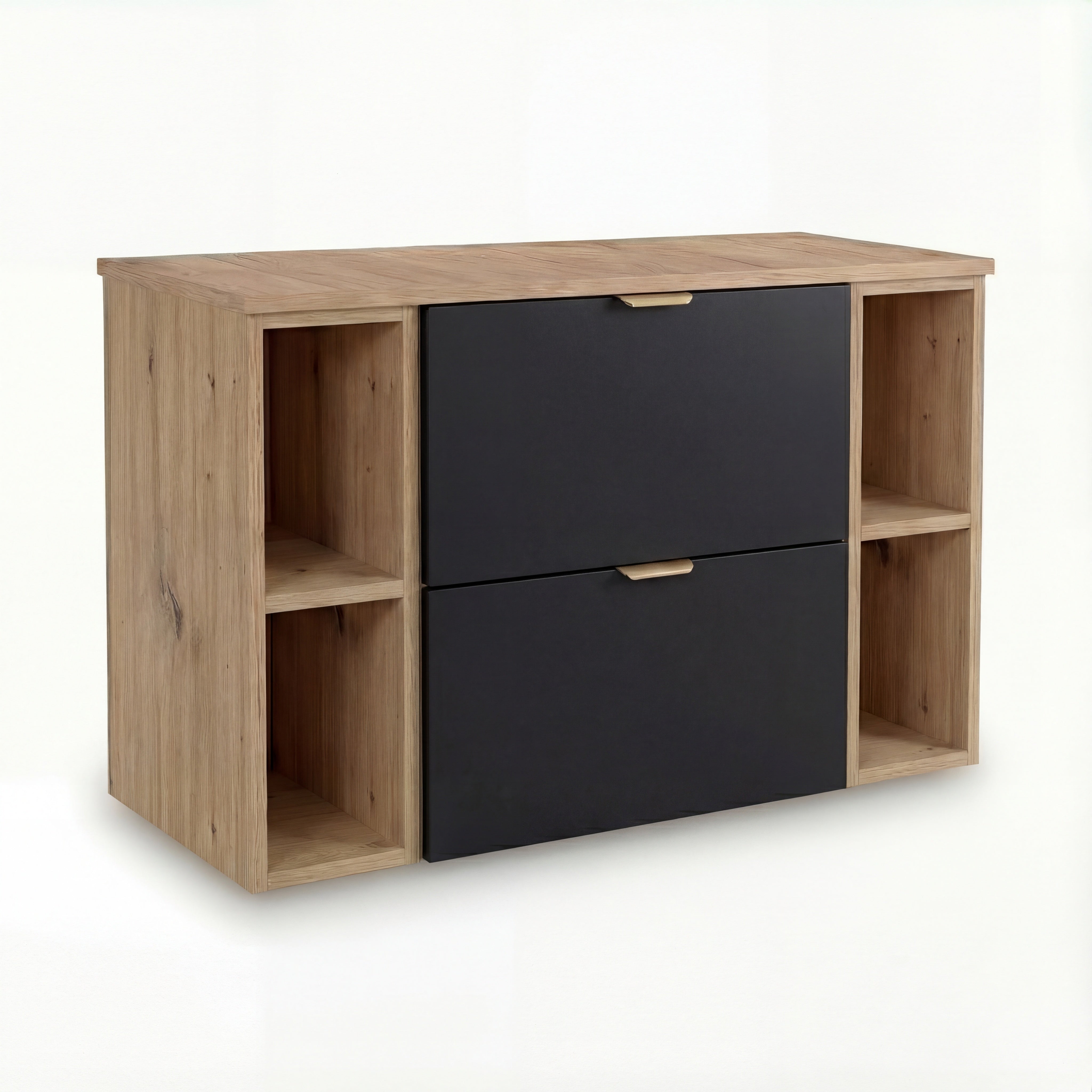 Waschtischunterschrank Orio 100 cm in Schwarz/Eiche Artisan – wandhängender Unterschrank mit 2 Schubladen, Soft-Close-System, 2 Regalmodule (20 cm) mit Innenablagen, Ablageplatte im Dekor Eiche Artisan, glatte Fronten, Metallgriffe in gebürstetem Gold, ideal für moderne kleine bis mittelgroße Badezimmer.