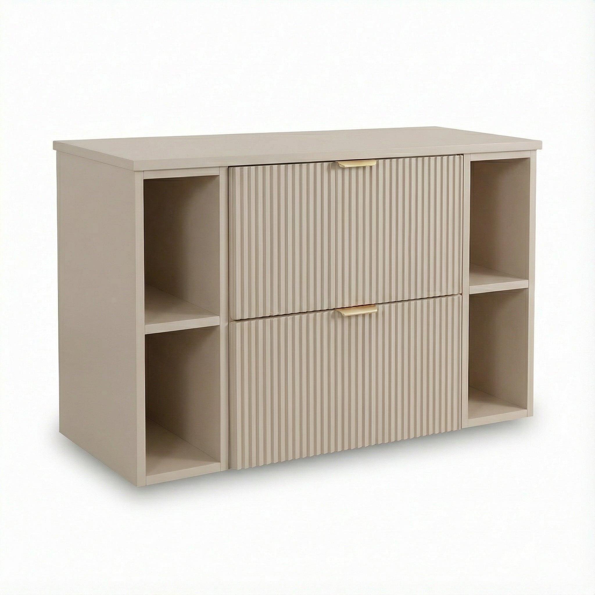 Waschtischunterschrank Willy 100 cm in Kaschmir mit 60 cm Unterschrank, 2 Regalen à 20 cm, geriffelte Fronten, 2 SOFT-CLOSE-Schubladen und goldene Metallgriffe für das Badezimmer