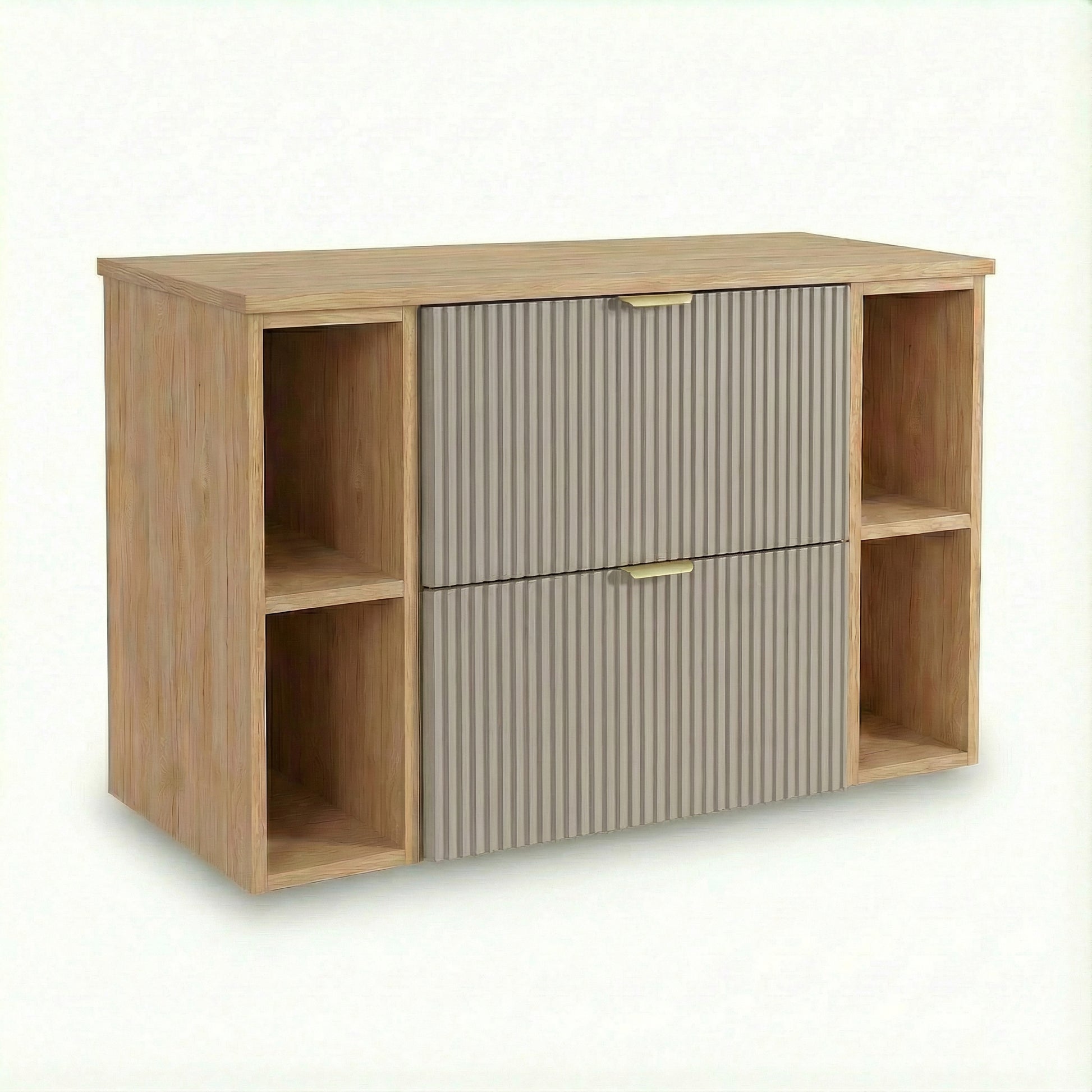 Waschtischunterschrank Willy 100 cm in Kaschmir/Walnuss mit 60 cm Unterschrank, 2 Regalen à 20 cm, geriffelte Fronten, 2 Soft-Close-Schubladen und goldene Metallgriffe für das Badezimmer