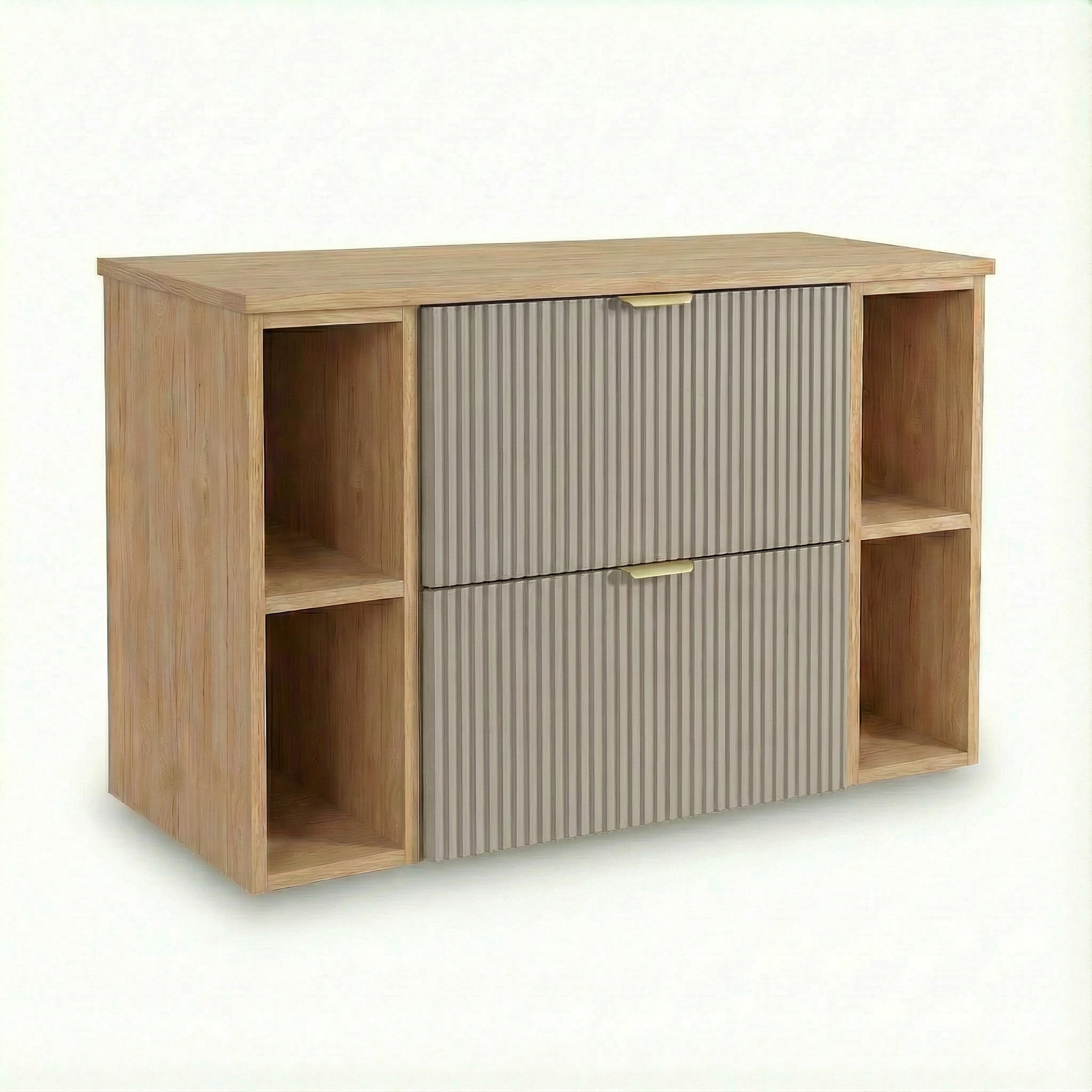 Waschtischunterschrank Willy 100 cm in Kaschmir/Walnuss mit 60 cm Unterschrank, 2 Regalen à 20 cm, geriffelte Fronten, 2 Soft-Close-Schubladen und goldene Metallgriffe für das Badezimmer