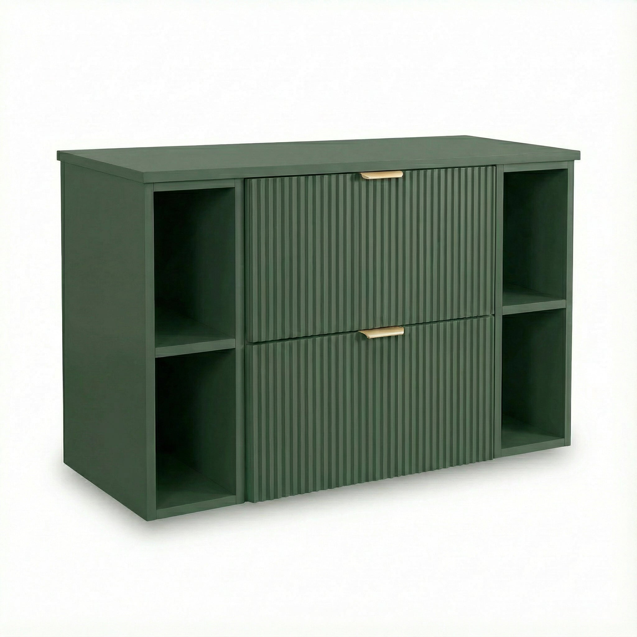 Willy Waschtischunterschrank 100 cm in Salbei mit Walnussplatte, 60 cm Unterschrank, 2 Regale à 20 cm, geriffelte Fronten, 2 Soft-Close-Schubladen, goldene Metallgriffe