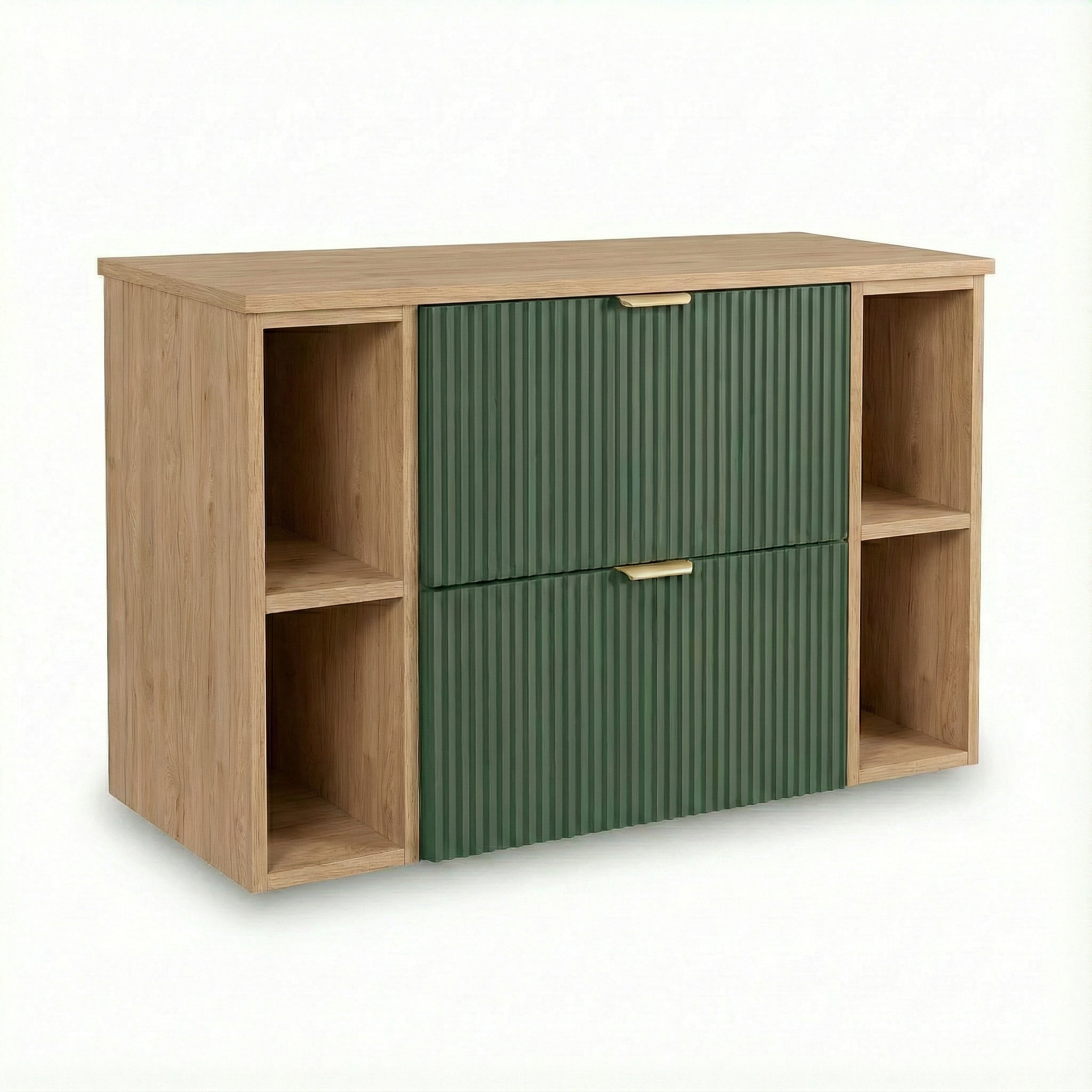 Waschtischunterschrank Willy 100 cm in Salbei mit Walnussplatte, 60 cm Unterschrank, 2 Regale, geriffelte Fronten, 2 SOFT-CLOSE-Schubladen und goldene Metallgriffe für das Badezimmer
