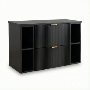 Waschtischunterschrank Willy 100 cm in Schwarz mit zwei seitlichen Regalen, geriffelten Fronten, zwei Schubladen mit Soft-Close und modernem minimalistischen Design für Badezimmer.