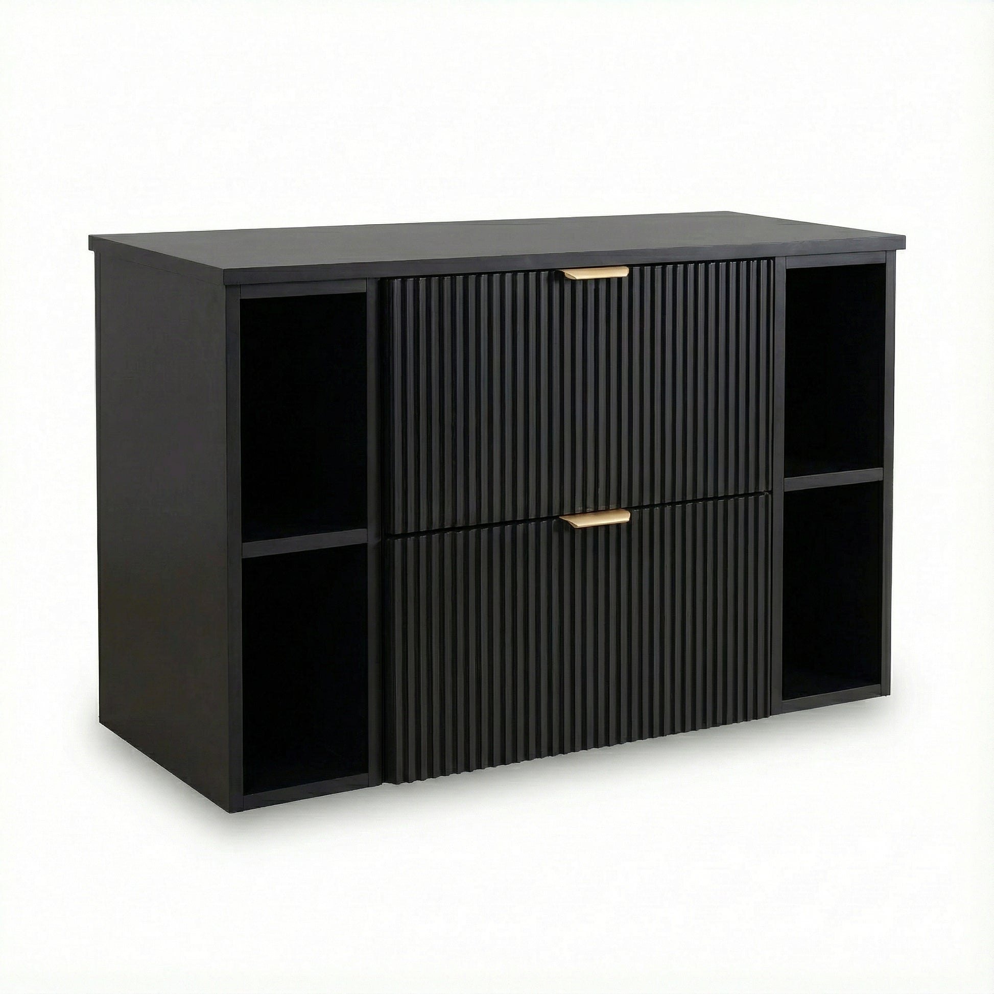 Waschtischunterschrank Willy 100 cm in Schwarz mit zwei seitlichen Regalen, geriffelten Fronten, zwei Schubladen mit Soft-Close und modernem minimalistischen Design für Badezimmer.