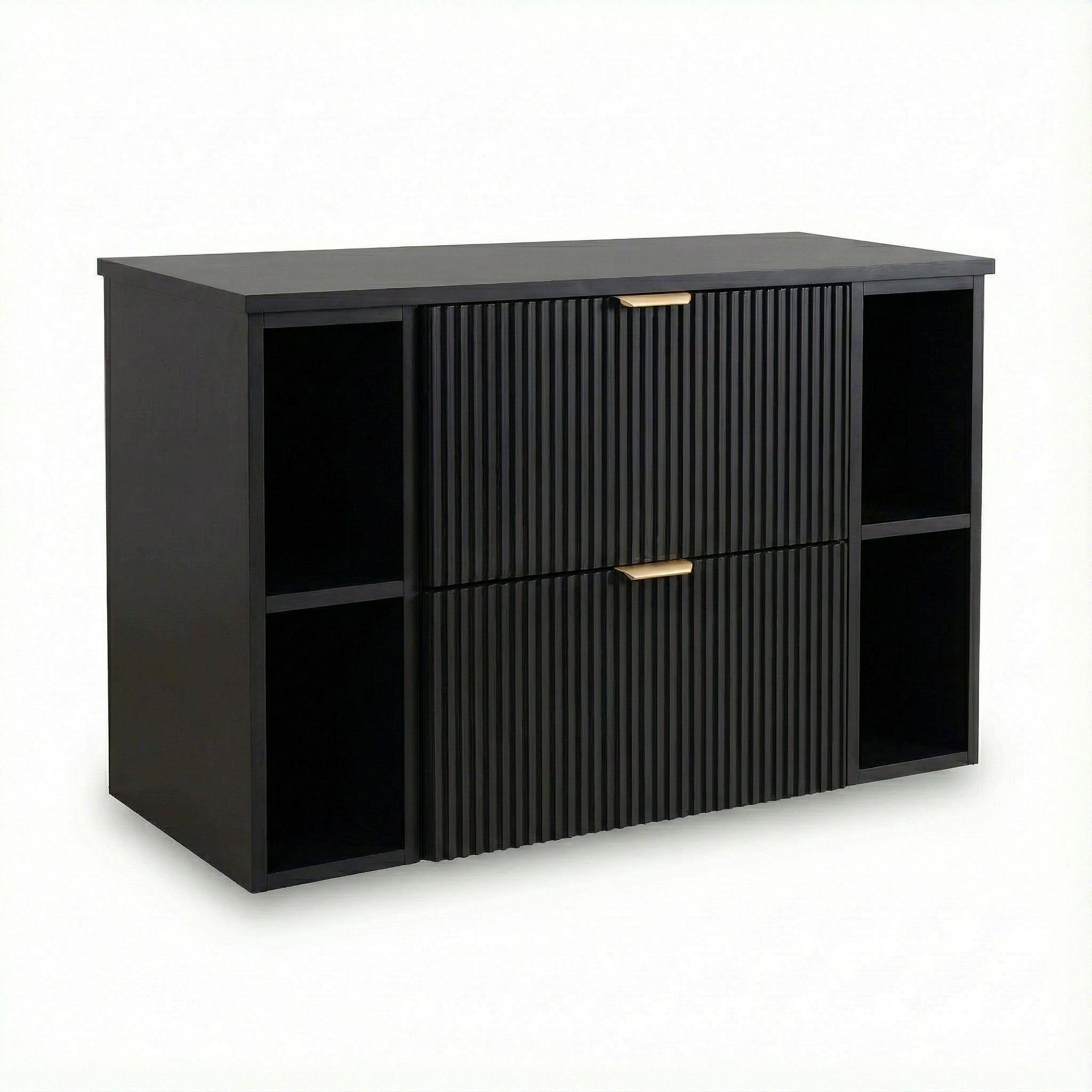 Waschtischunterschrank Willy 100 cm in Schwarz mit zwei seitlichen Regalen, geriffelten Fronten, zwei Schubladen mit Soft-Close und modernem minimalistischen Design für Badezimmer.