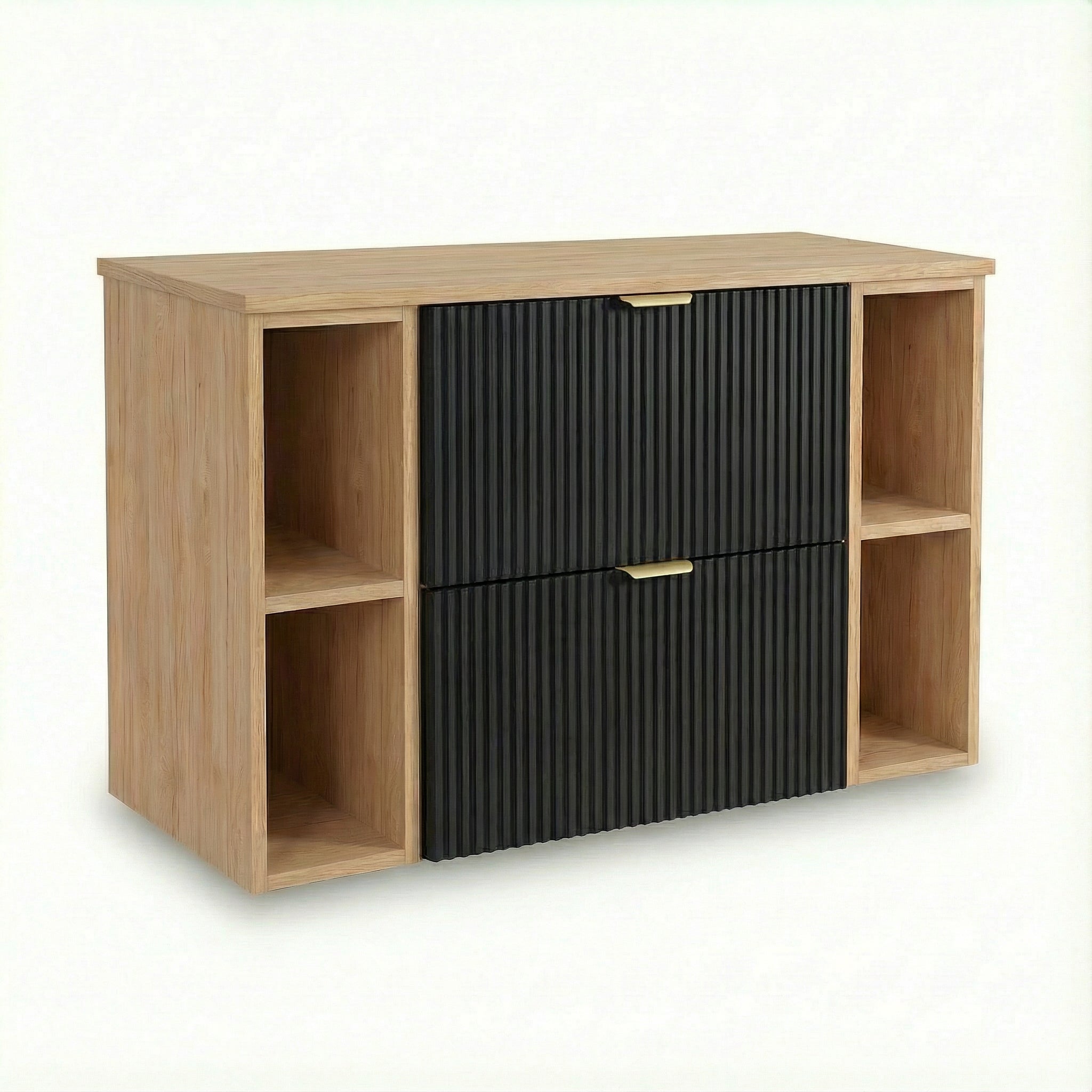 Waschtischunterschrank Willy 100 cm in Schwarz mit Walnussplatte, 60 cm Unterschrank, 2 Regale à 20 cm, geriffelte Fronten, 2 SOFT-CLOSE-Schubladen und goldene Metallgriffe für das Badezimmer