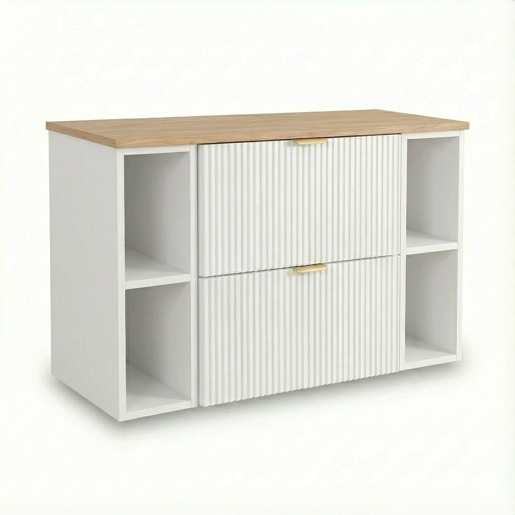Waschtischunterschrank Willy 100 cm in Weiß mit Walnussplatte, 60 cm Unterschrank, 2 Regale à 20 cm, geriffelte Fronten, 2 Soft-Close-Schubladen und goldene Metallgriffe für das Badezimmer
