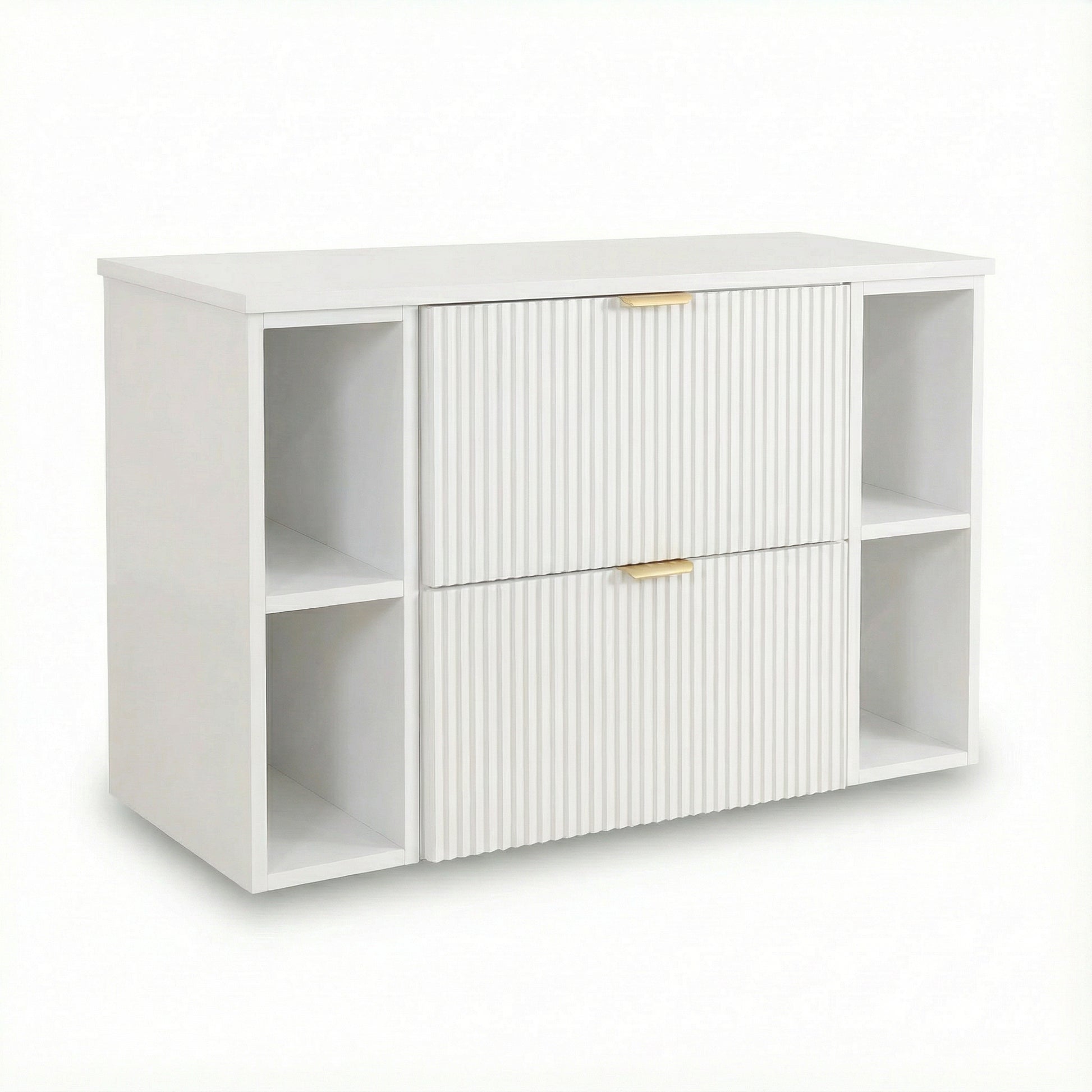Waschtischunterschrank Willy 100 cm in Weiß, 60 cm Unterschrank, 2 Regale à 20 cm, 100 cm Arbeitsplatte, geriffelte Fronten, 2 Soft-Close-Schubladen, goldene Metallgriffe für das Badezimmer