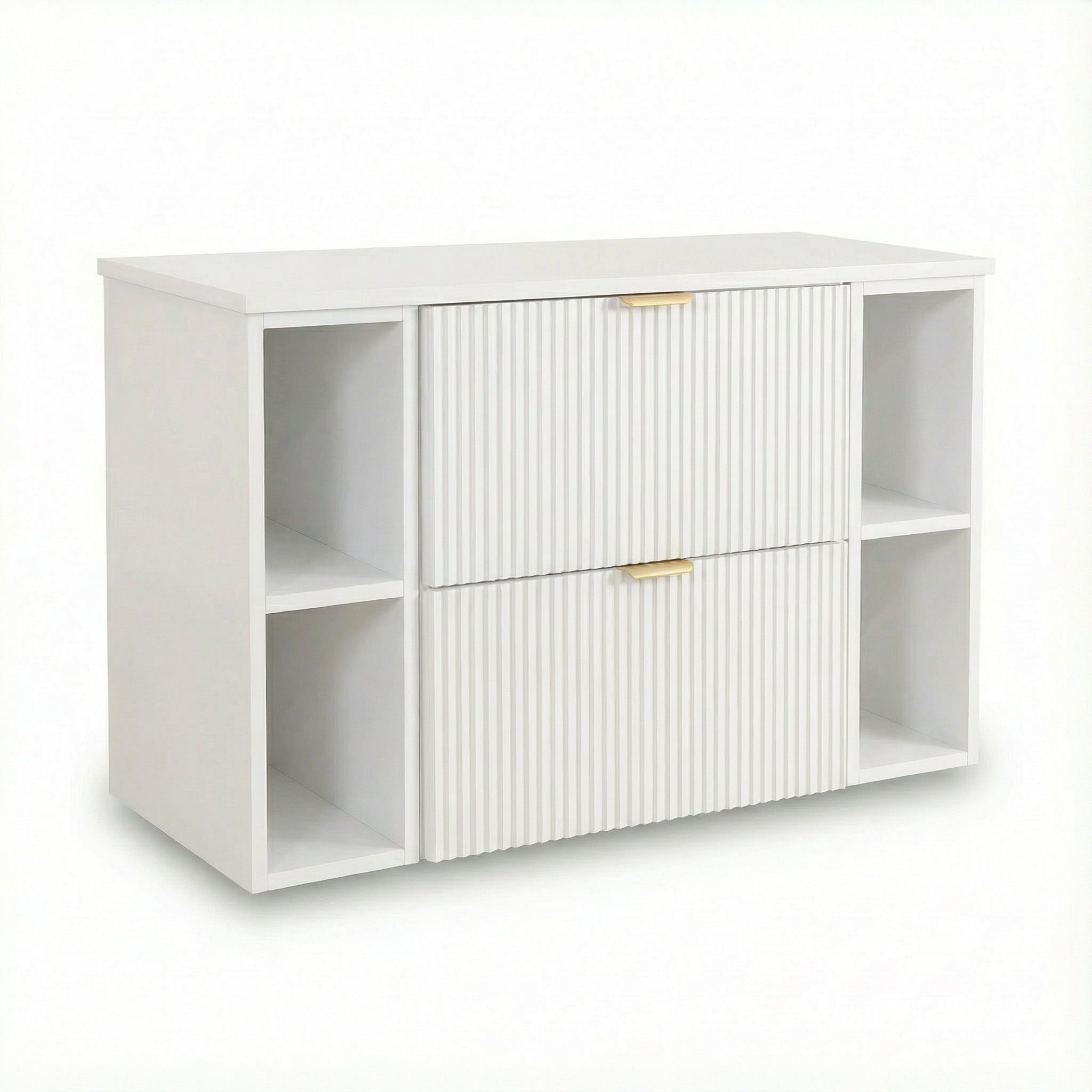Waschtischunterschrank Willy 100 cm in Weiß, 60 cm Unterschrank, 2 Regale à 20 cm, 100 cm Arbeitsplatte, geriffelte Fronten, 2 Soft-Close-Schubladen, goldene Metallgriffe für das Badezimmer