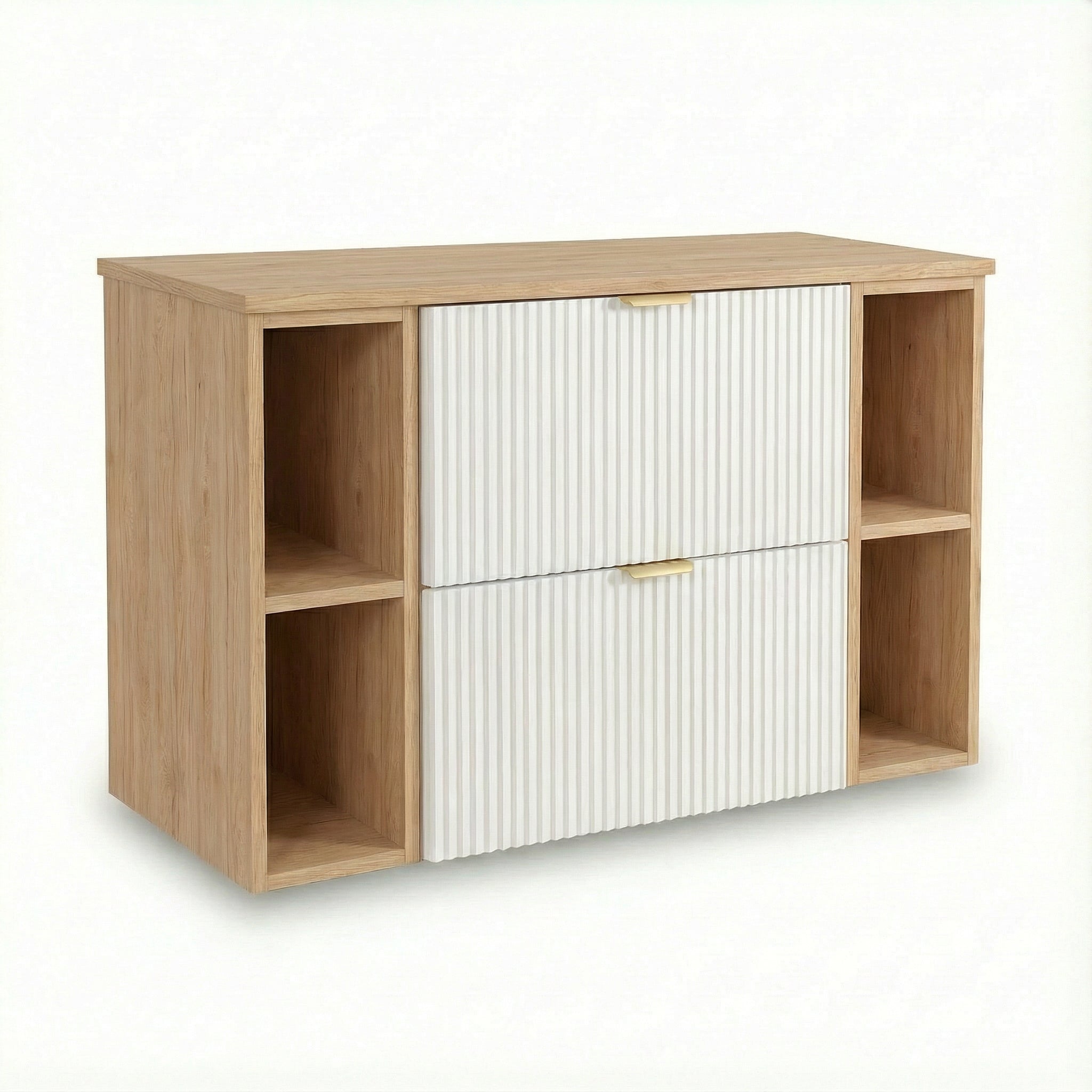 Waschtischunterschrank Willy 100 cm in Weiß/Walnuss, 60 cm Unterschrank, 2 Regale à 20 cm, 100 cm Arbeitsplatte, geriffelte Fronten, 2 Soft-Close-Schubladen, goldene Metallgriffe