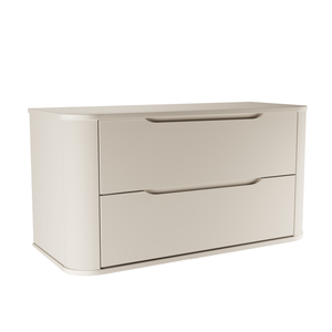 Großer Waschtischunterschrank Luma 100 cm in Kaschmir Matt, Korpus und Platte abgerundet, mit zwei breiten Schubladen für exklusives Baddesign.