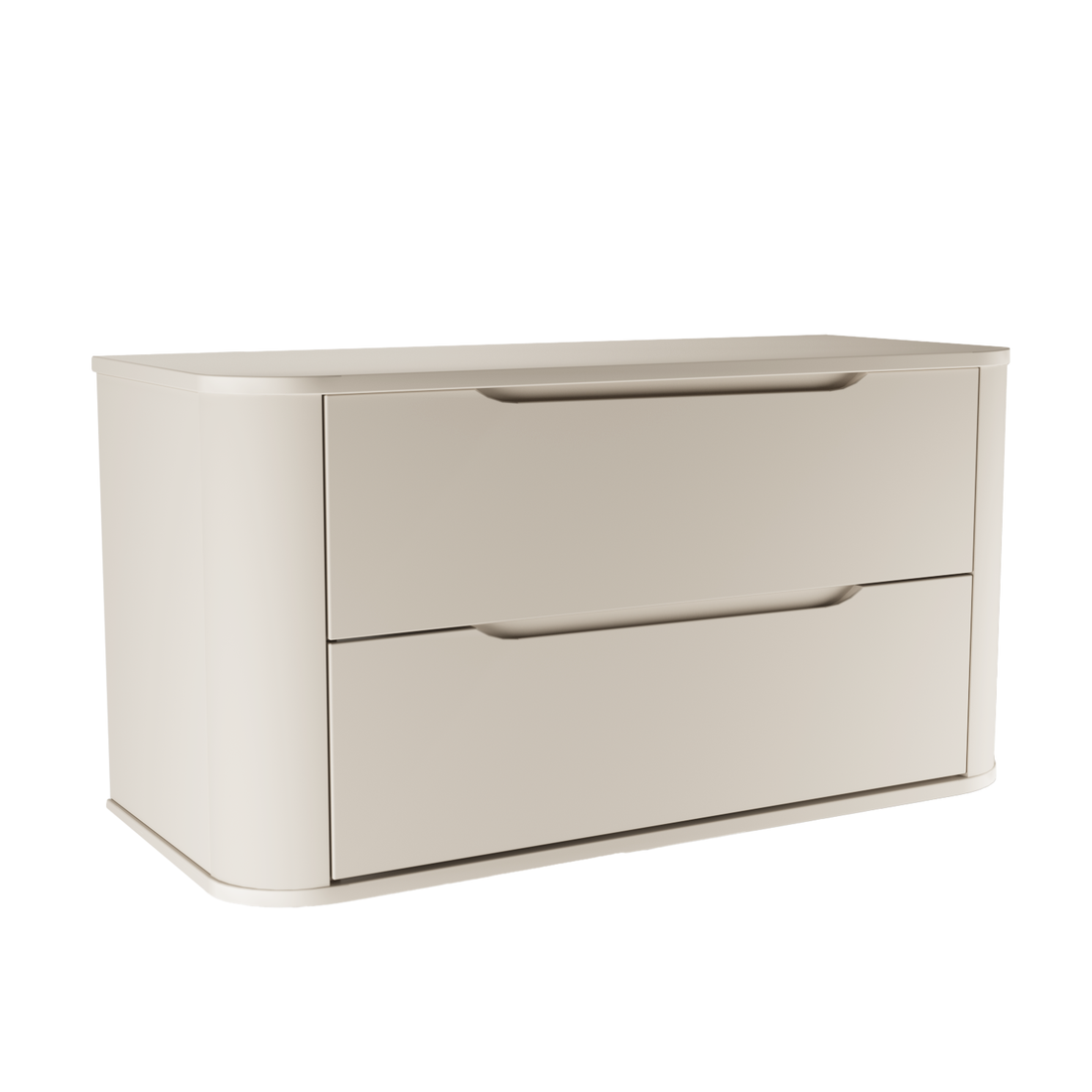 Großer Waschtischunterschrank Luma 100 cm in Kaschmir Matt, Korpus und Platte abgerundet, mit zwei breiten Schubladen für exklusives Baddesign.