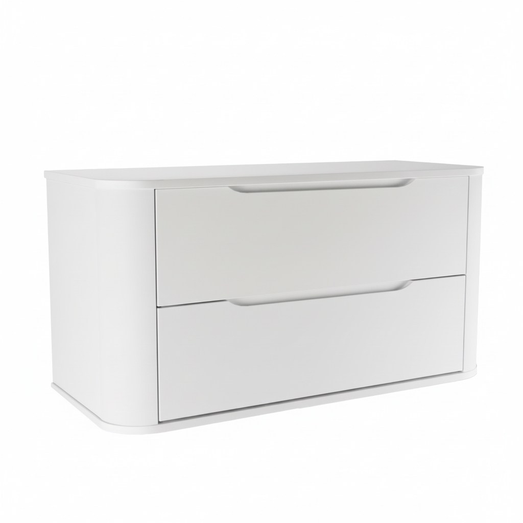 Großer weißer Waschtischunterschrank Luma 100 cm, Korpus und Platte modern abgerundet, zwei breite Schubladen für ein luxuriöses Bad-Ambiente.