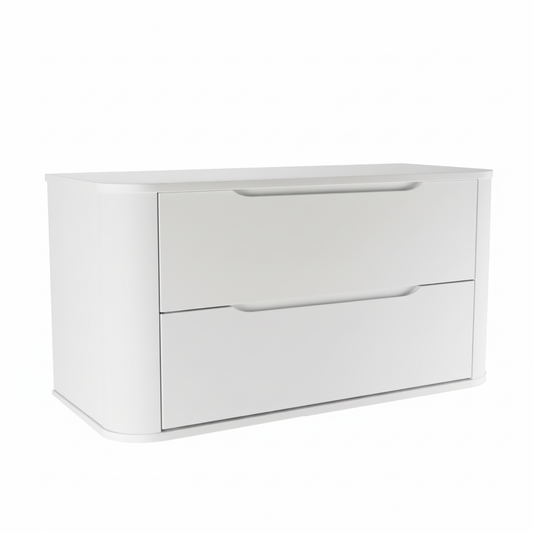 Großer weißer Waschtischunterschrank Luma 100 cm, Korpus und Platte modern abgerundet, zwei breite Schubladen für ein luxuriöses Bad-Ambiente.