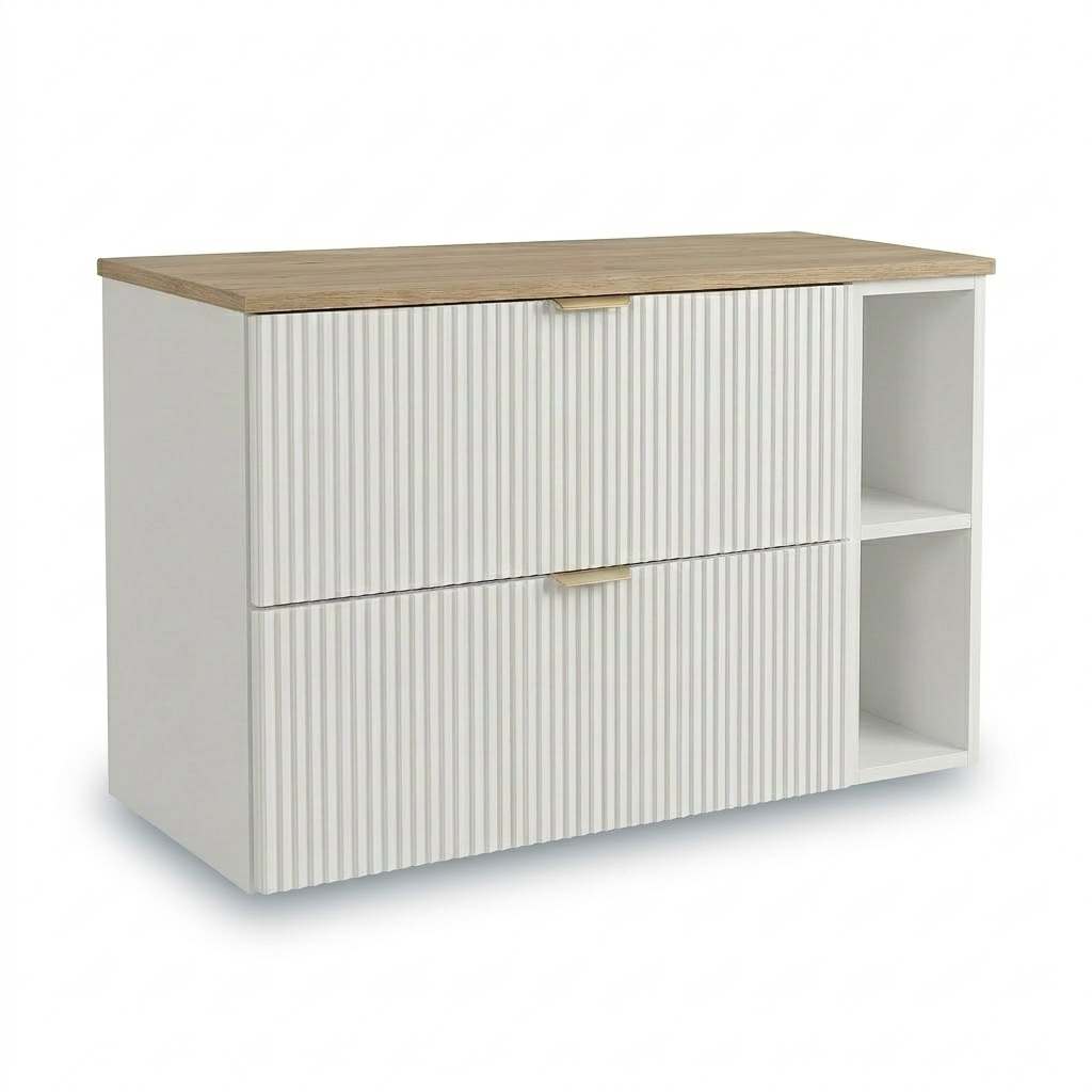 Waschtischunterschrank 100 cm Willy Weiß/Walnussplatte mit Regal – geriffelte Fronten, 2 SOFT-CLOSE-Schubladen und Oberplatte für Badezimmer Stauraum