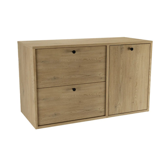 Waschtischunterschrank Belino 100 cm Eiche Cremona mit integriertem Wäschekorb, 2 SOFT-CLOSE-Schubladen und 100 cm Blatt für modernes Badezimmer.