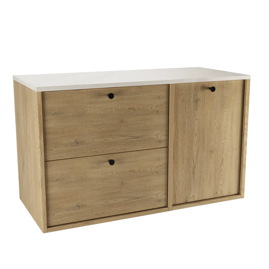 Waschtischunterschrank Belino 100 cm Eiche Cremona mit integriertem Wäschekorb, 60+40 cm Schränken und 100 cm Blatt für modernes Badezimmer.