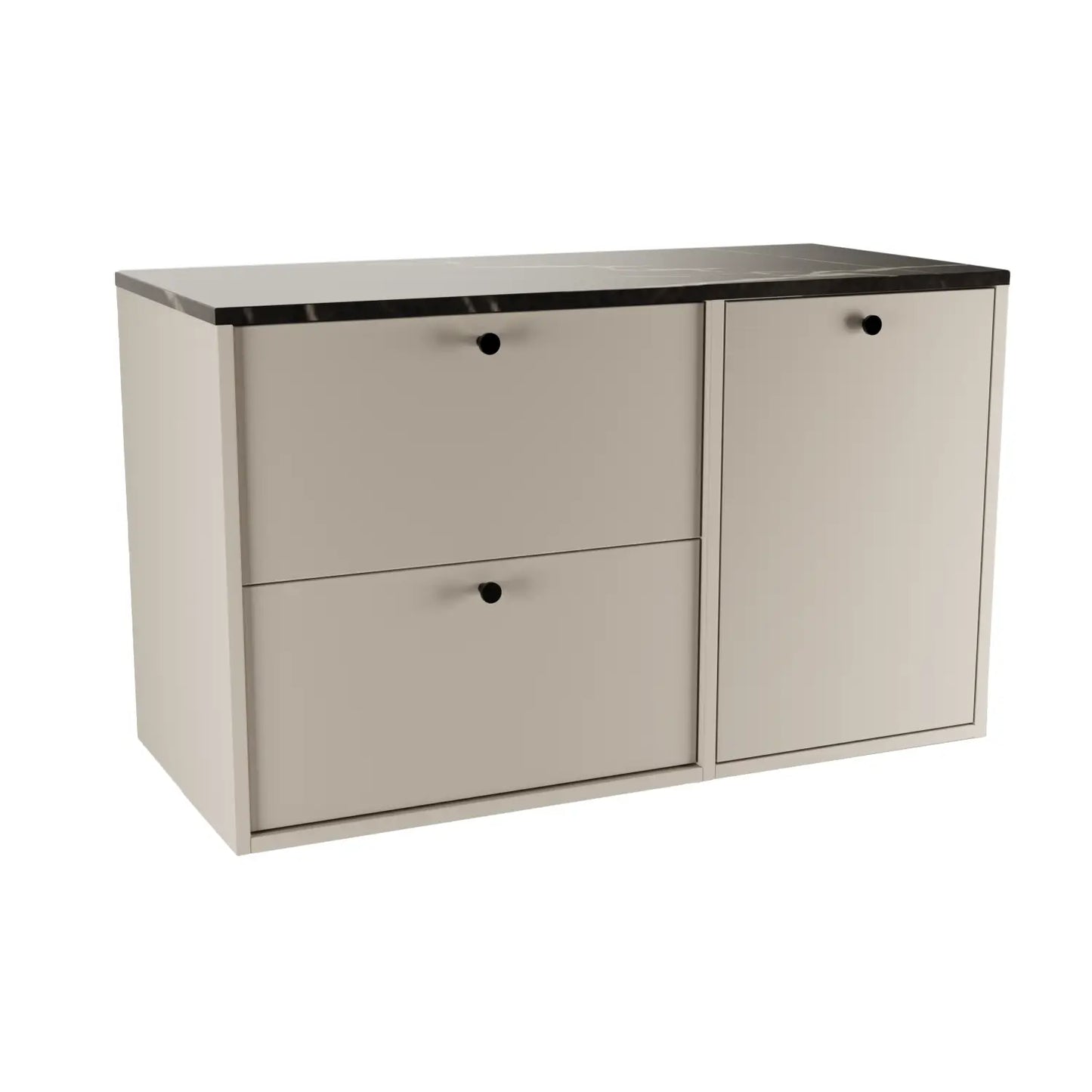 Waschtischunterschrank Belino 100 cm Kaschmir mit integriertem Wäschekorb, 60+40 cm Schränken und Marmor Schwarz-Top für modernes Badezimmer.