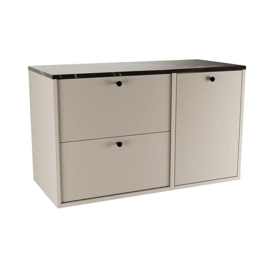 Waschtischunterschrank Belino 100 cm Kaschmir mit integriertem Wäschekorb, 60+40 cm Schränken und Marmor Schwarz-Top für modernes Badezimmer.